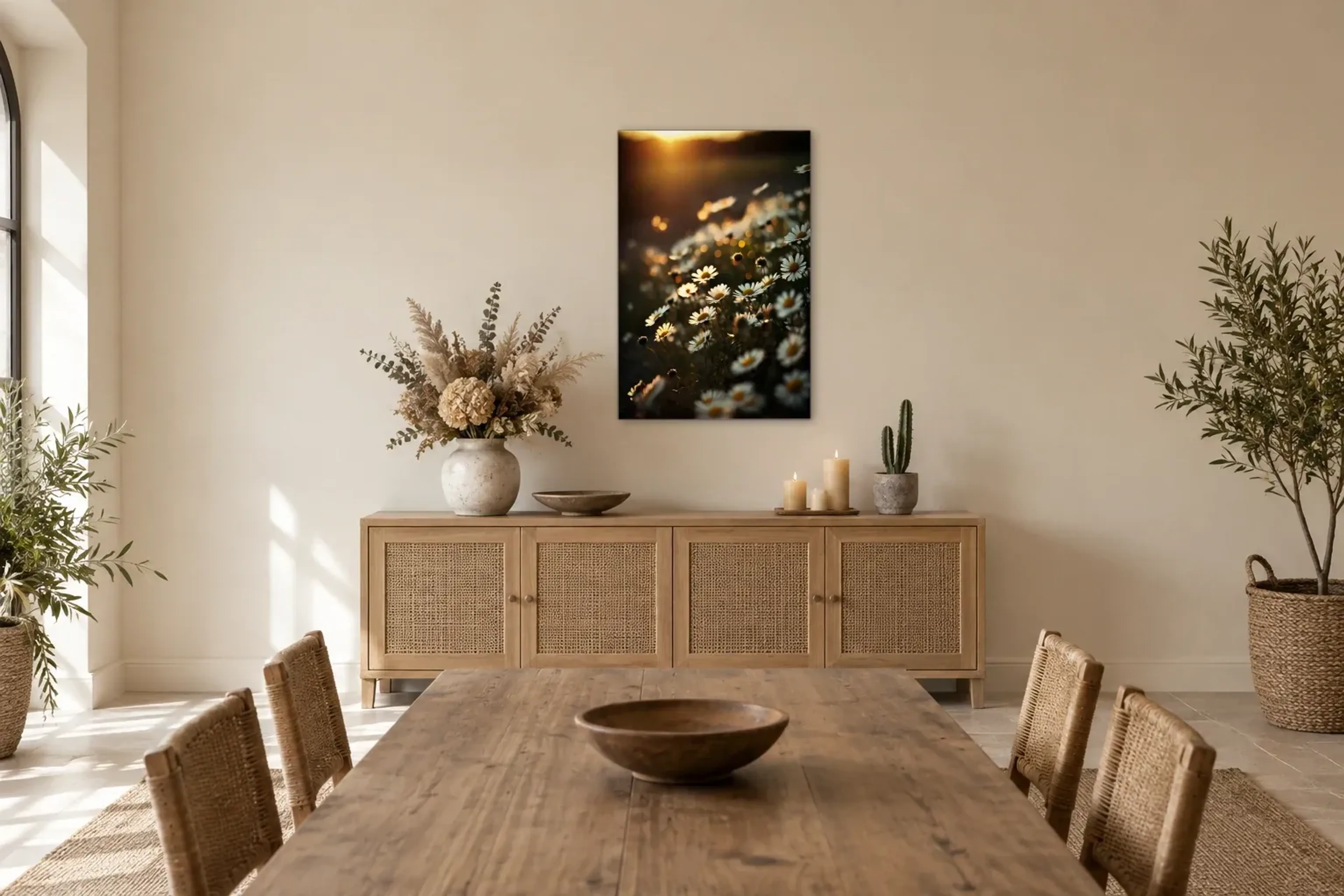 Gänseblümchen im Abendlicht als Wandbild über einem 160-cm-Sideboard