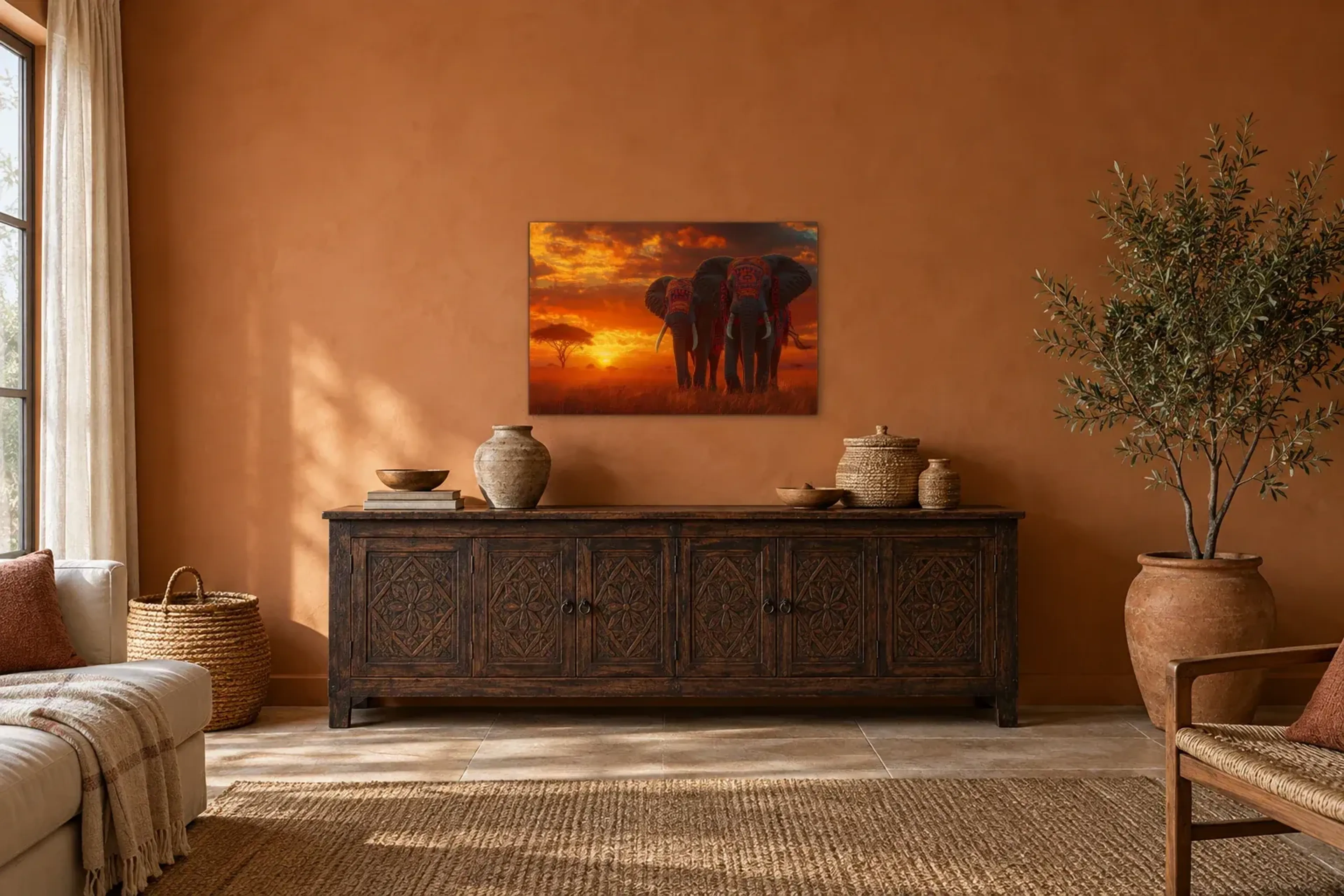 Elefantenmarsch als Wandbild über einem 180-cm-Sideboard