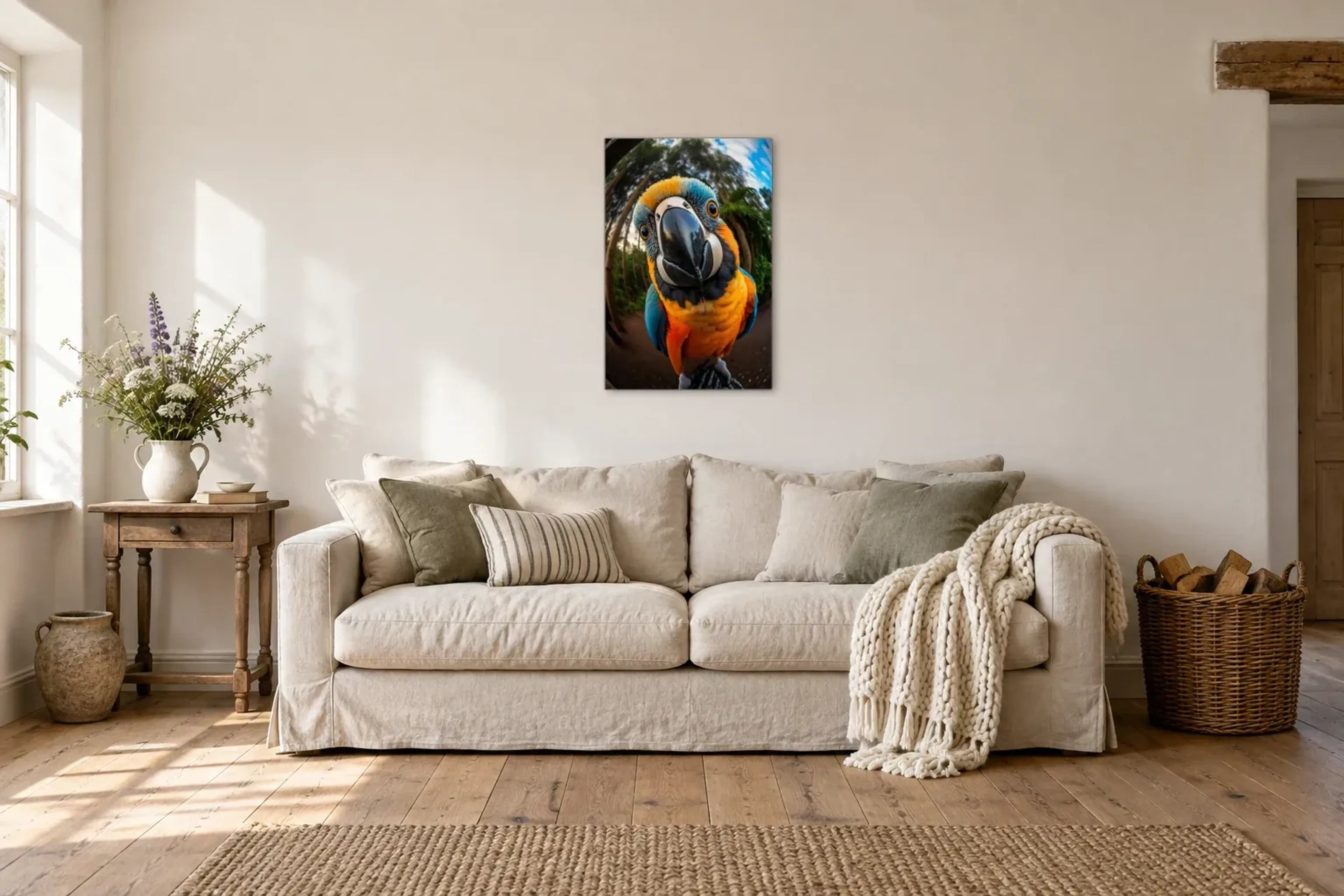 Papagei Nahaufnahme als Wandbild über einem 220-cm-Sofa