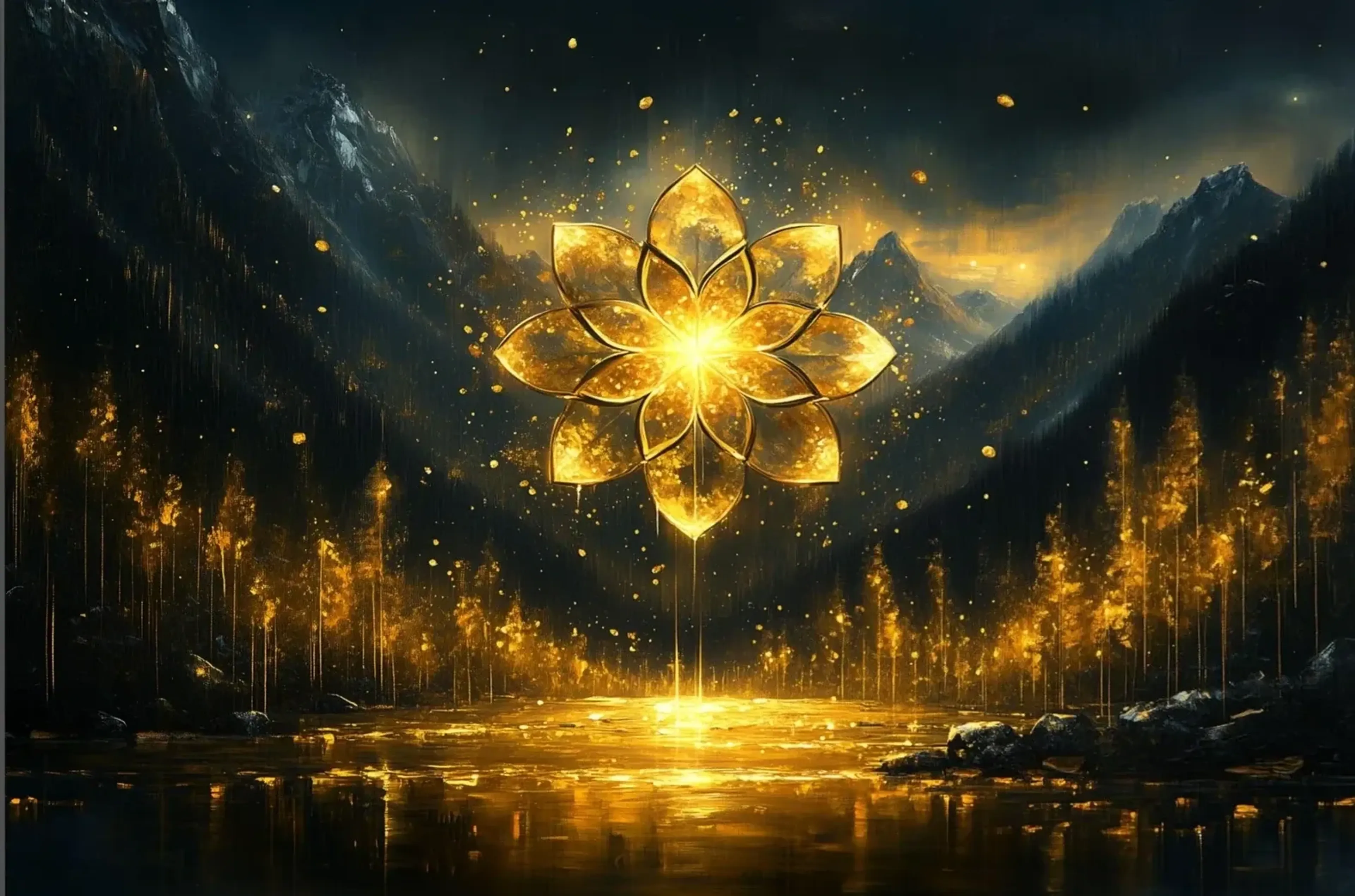 Eine goldene Blütenform schwebt leuchtend über einem See zwischen dunklen Bergen und Bäumen.