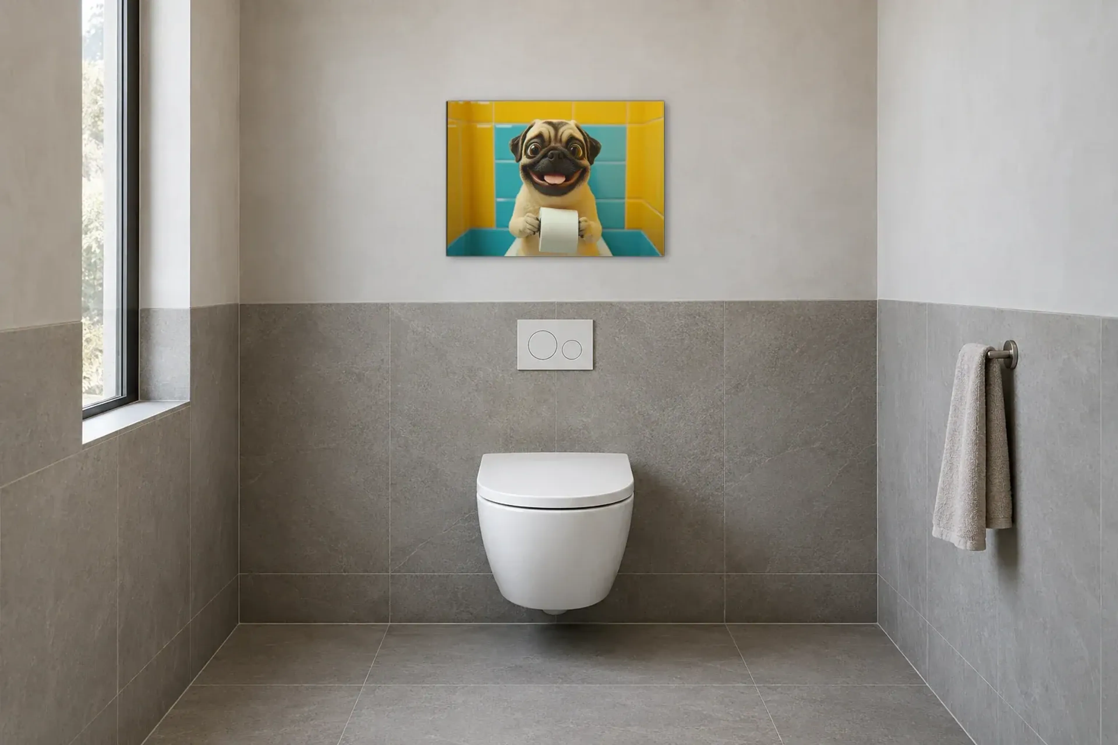 Mops zwischen bunten Fliesen als Wandbild im Gäste-WC