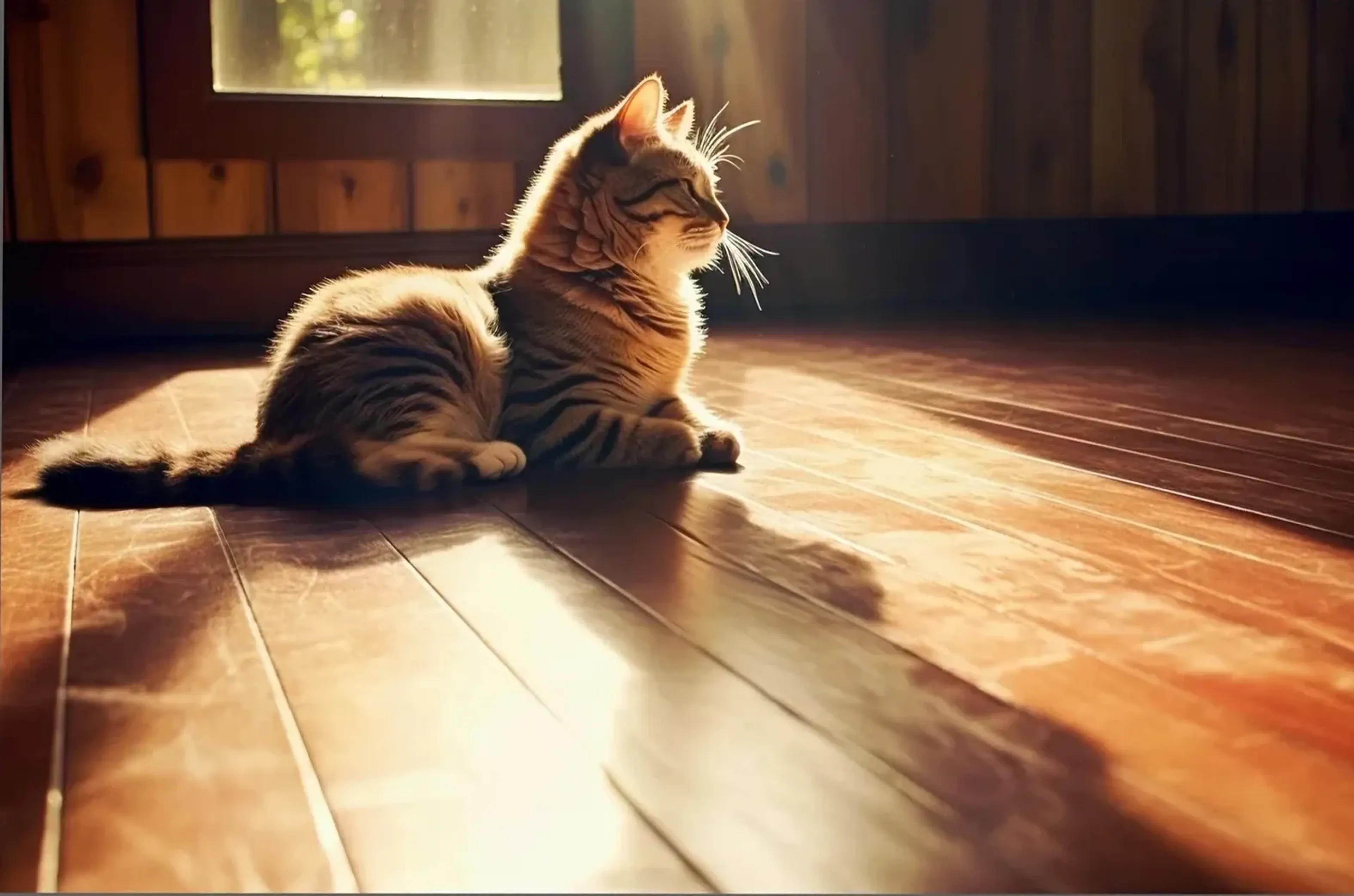 Eine getigerte Katze liegt im warmen Sonnenlicht auf Holzdielen und wirft einen langen Schatten.