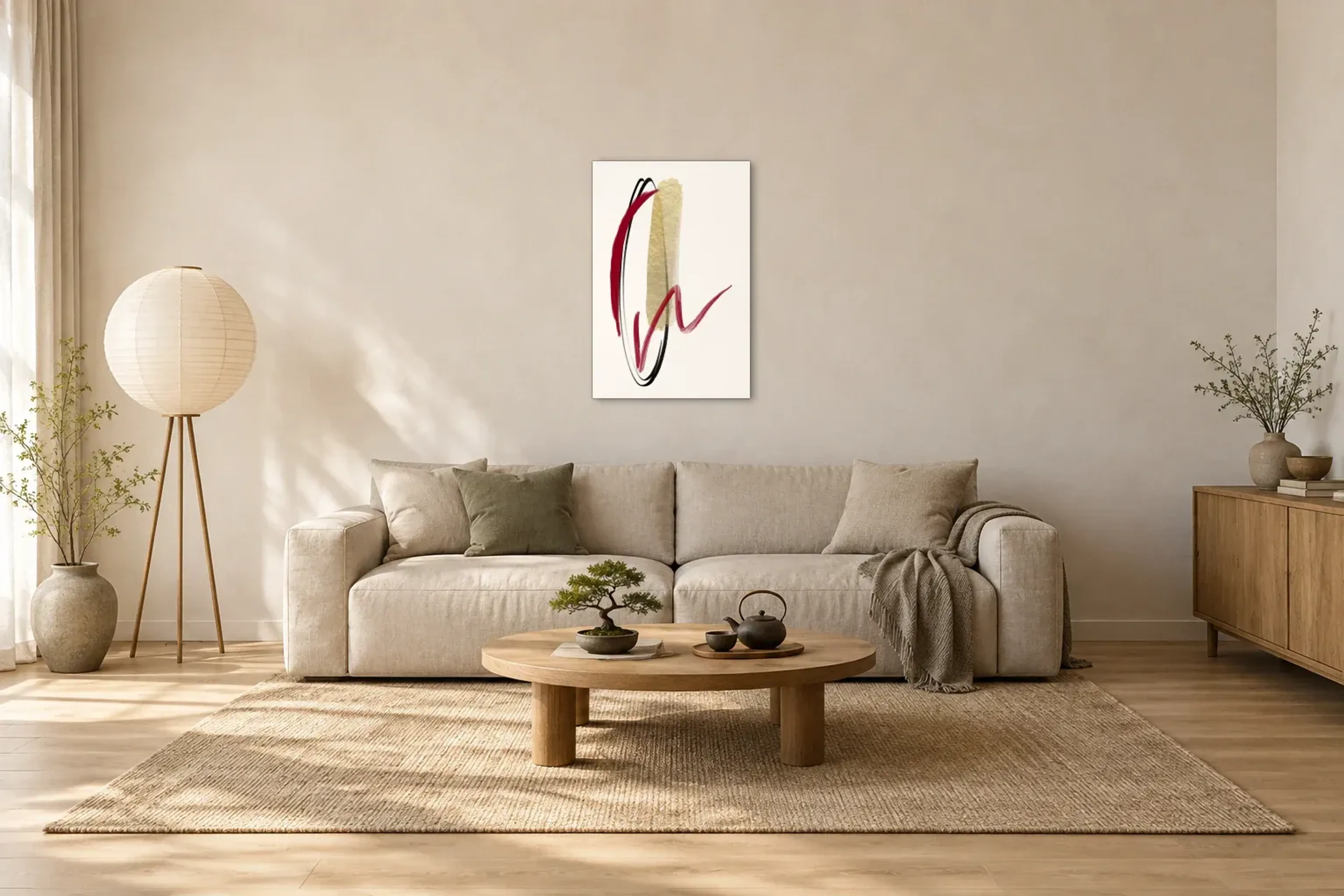 Bögen und rote Welle als Wandbild über einem 220-cm-Sofa