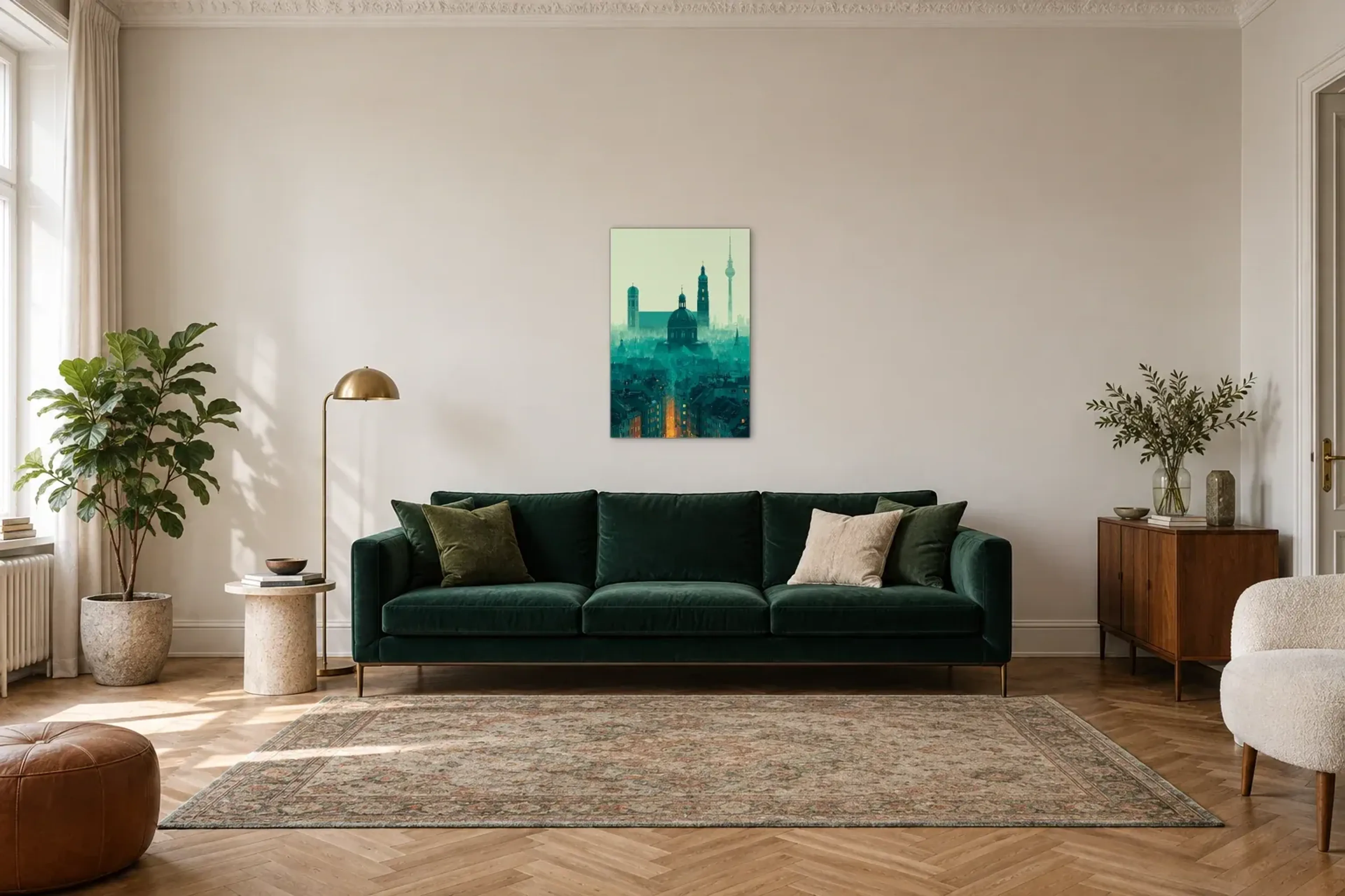 Dächer in Petrol als Wandbild über einem 220-cm-Sofa