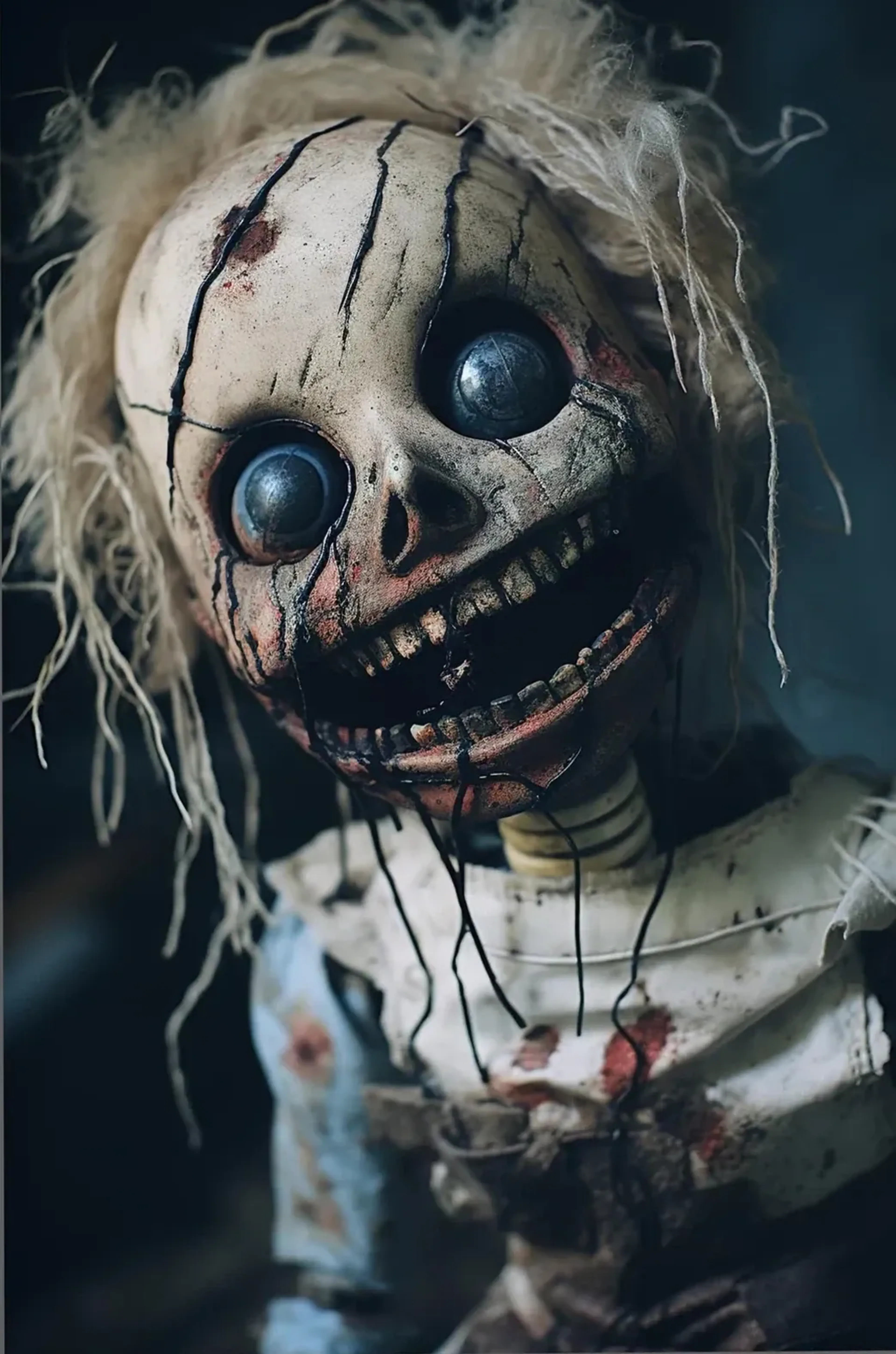 Puppe mit geneigtem, rissigem Kopf, großen blaugrauen Augen, wirren hellen Haaren und breitem Grinsen.
