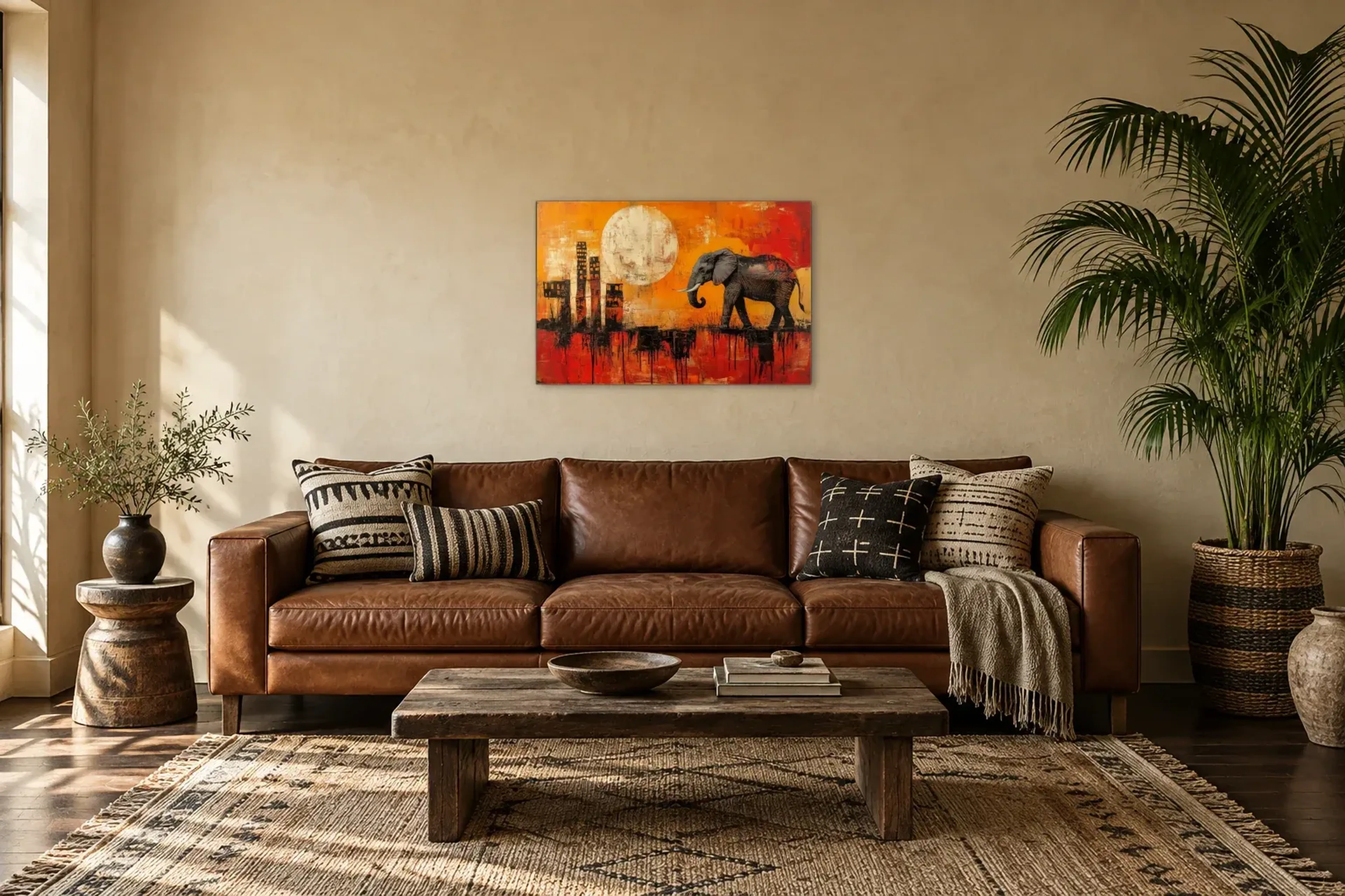Elefantenpfad als Wandbild über einem 220-cm-Sofa