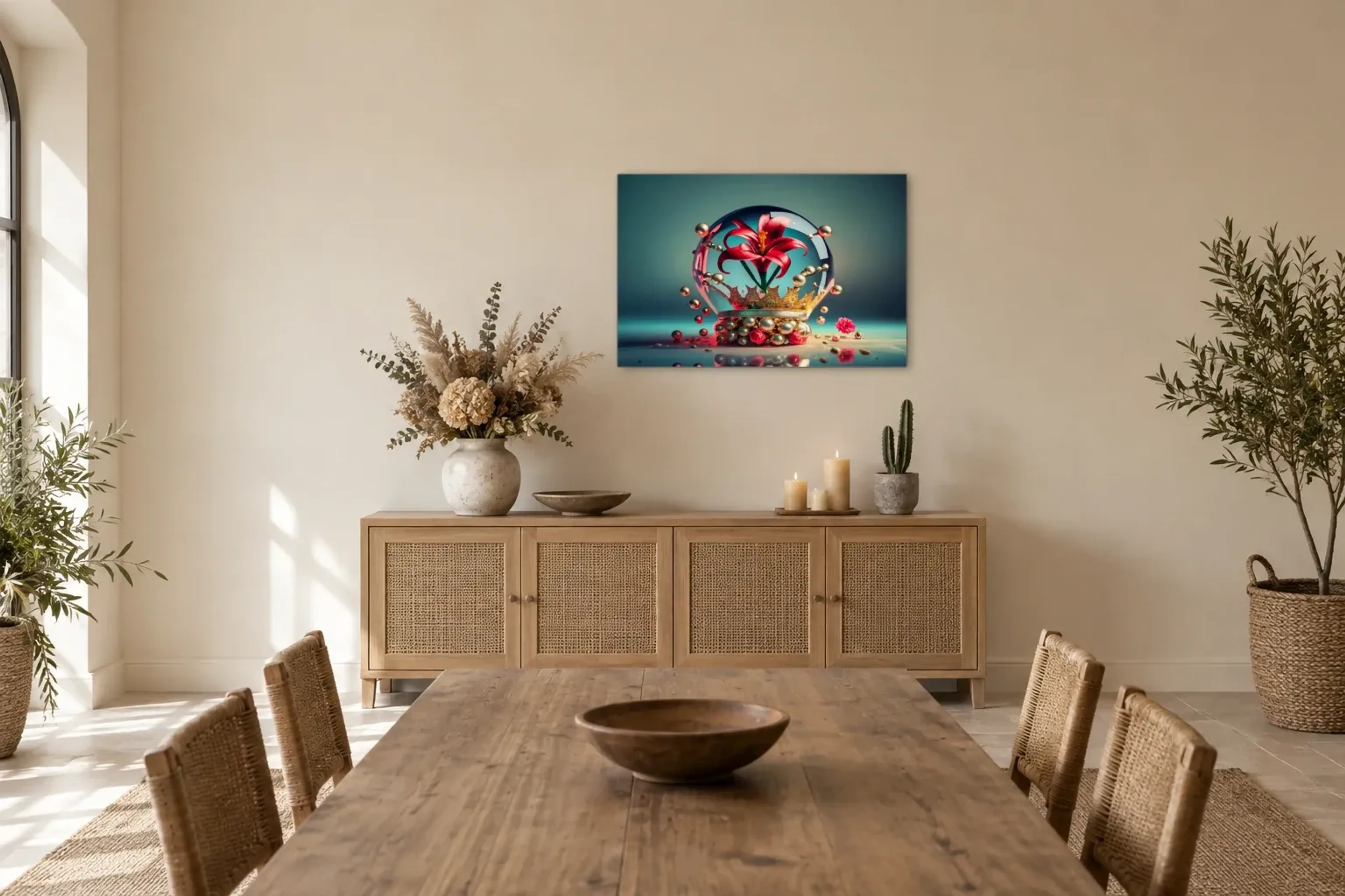 Blume in der Glaskugel als Wandbild über einem 160-cm-Sideboard