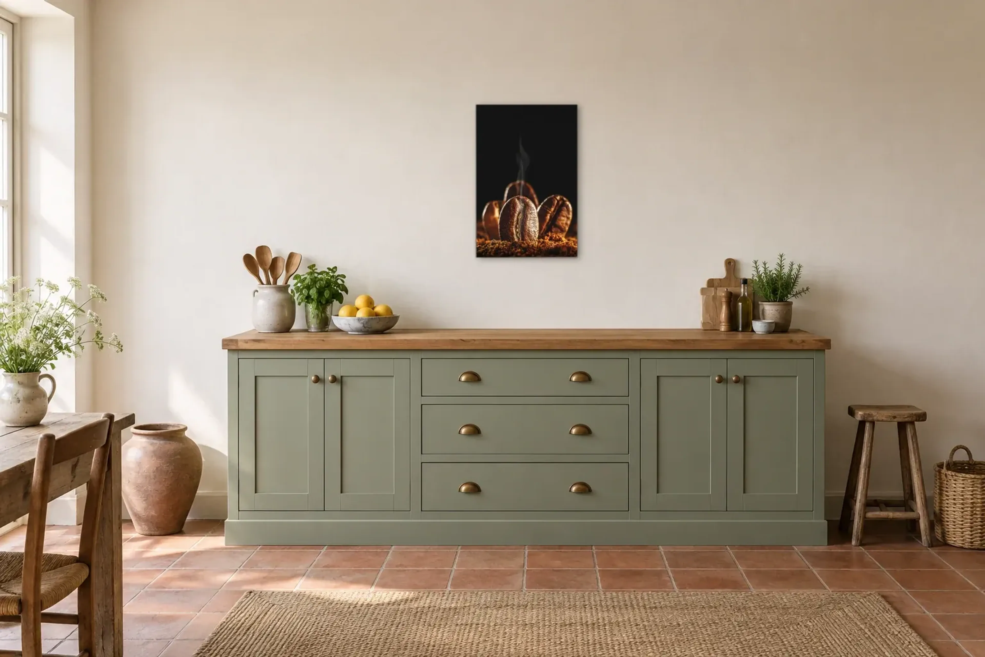 Kaffeebohnen stehend als Wandbild über einer 200-cm-Arbeitsplatte