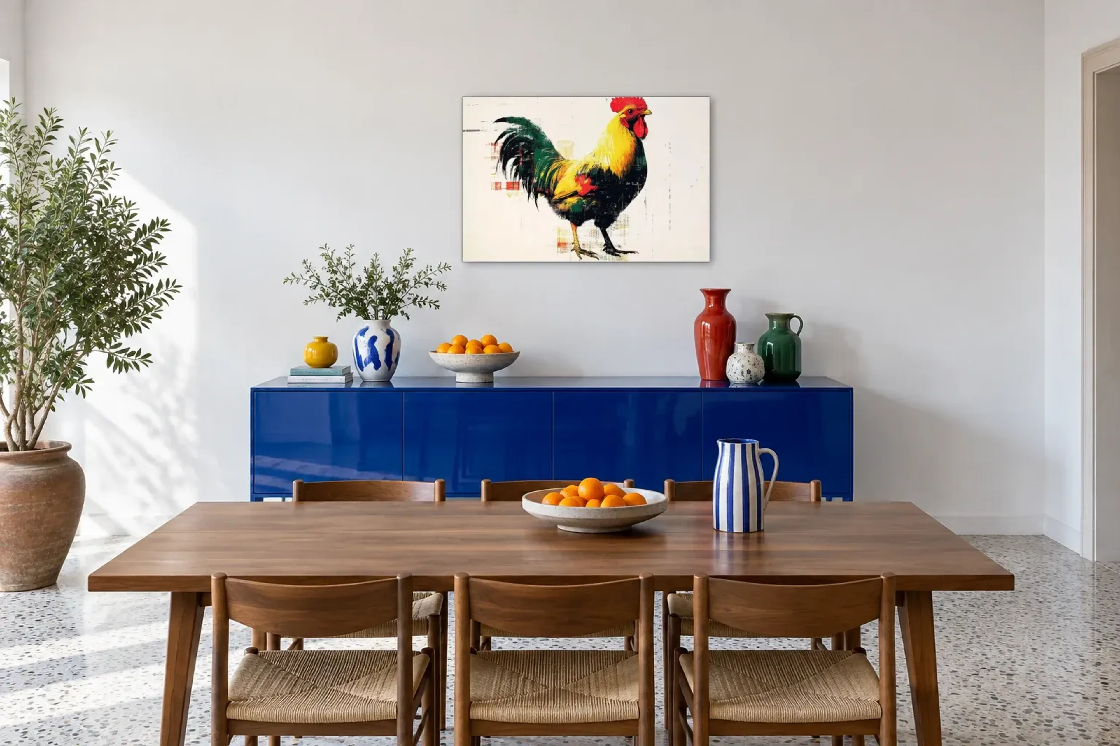 Hahn mit rotem Kamm als Wandbild über einem 180-cm-Sideboard