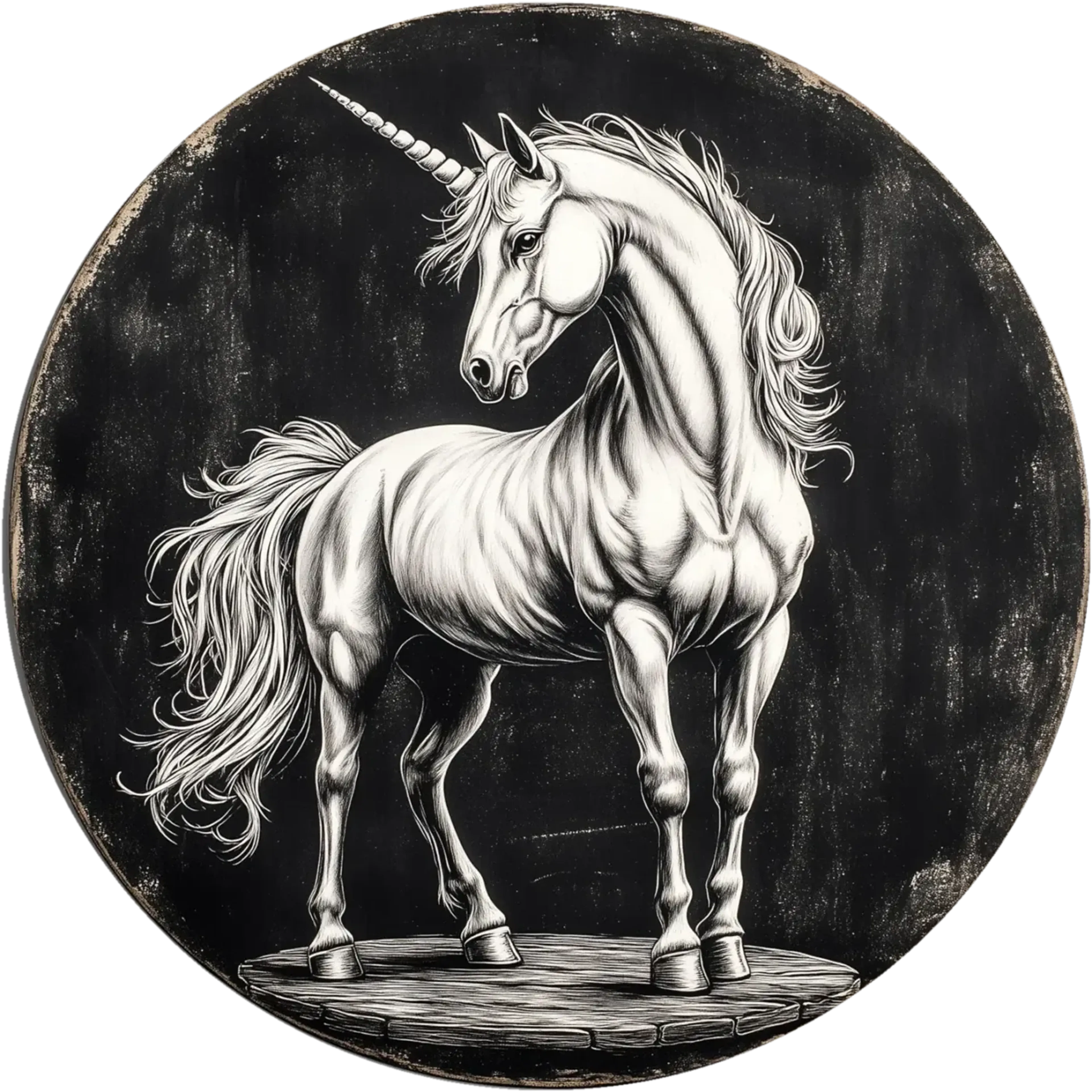 Weißes Einhorn mit langer Wellenmähne und gedrehtem Horn auf einer dargestellten Holzplattform vor Schwarz.