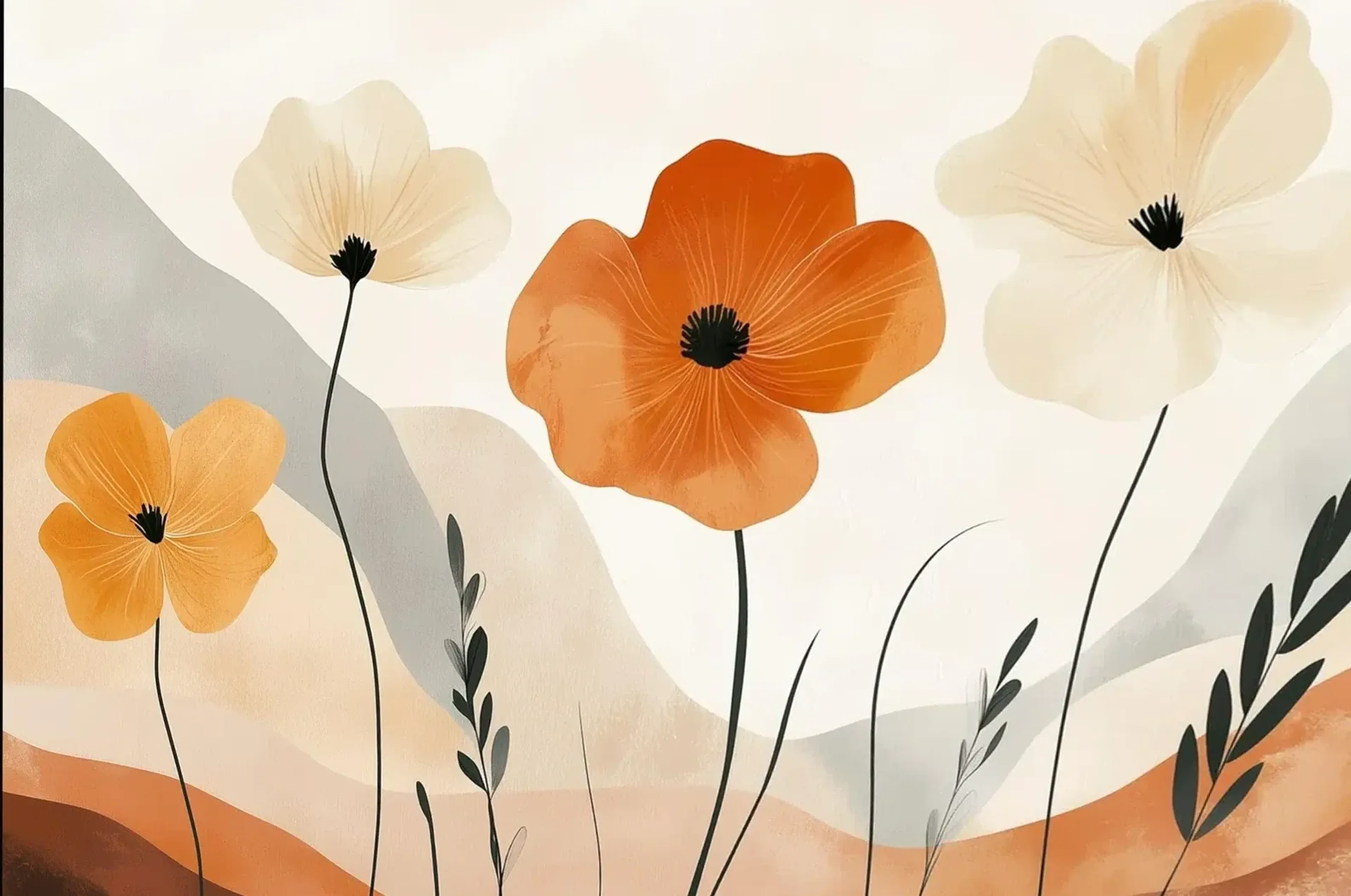 Vier orange- und cremefarbene Blumen an dunklen Stielen vor geschwungenen Flächen in Beige, Graugrün und Terrakotta.