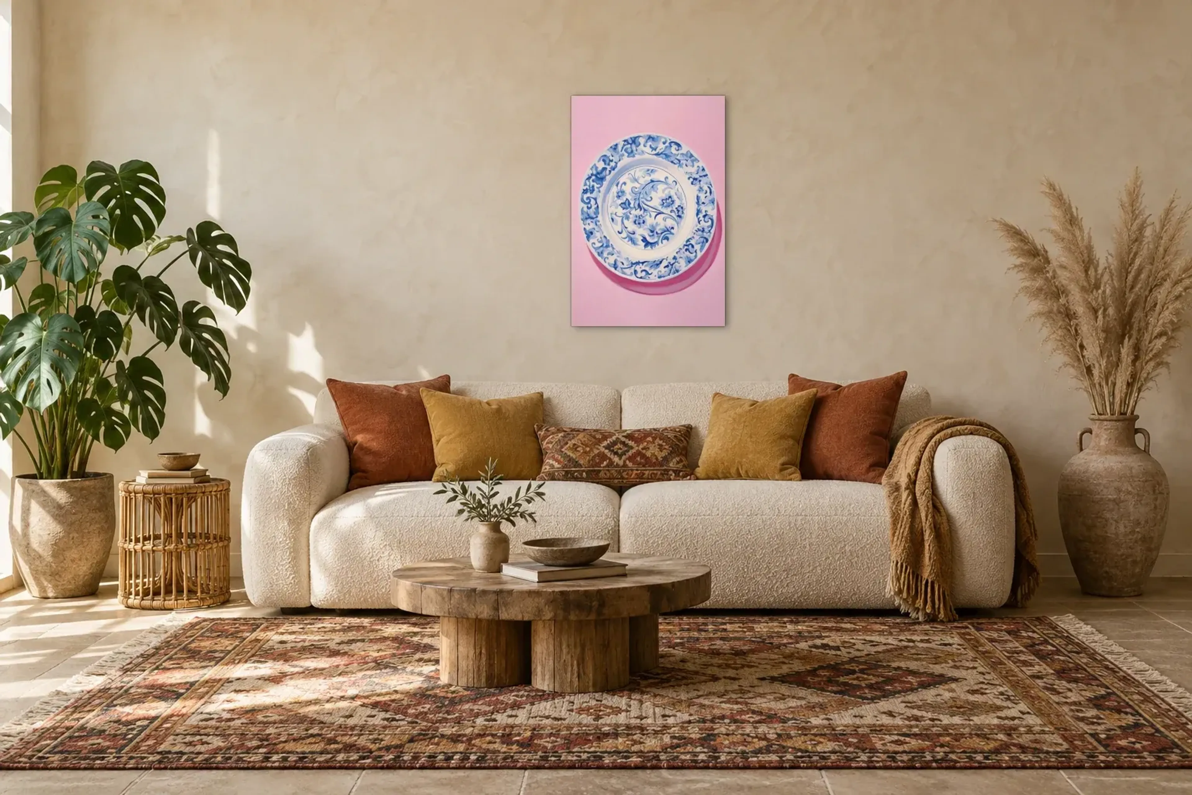 Blütenteller auf Rosa als Wandbild über einem 220-cm-Sofa