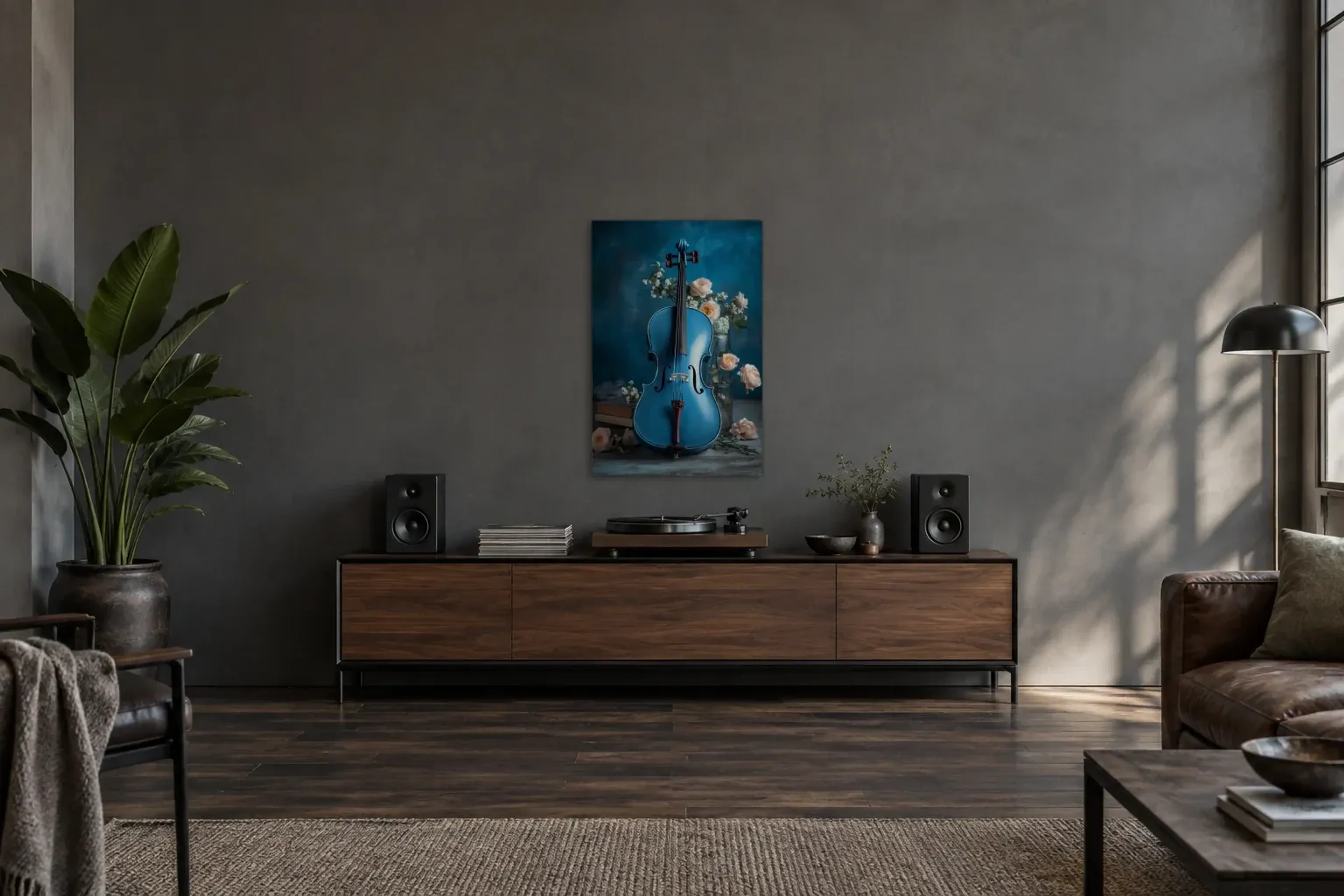 Blaue Geige als Wandbild über einem 200-cm-Sideboard
