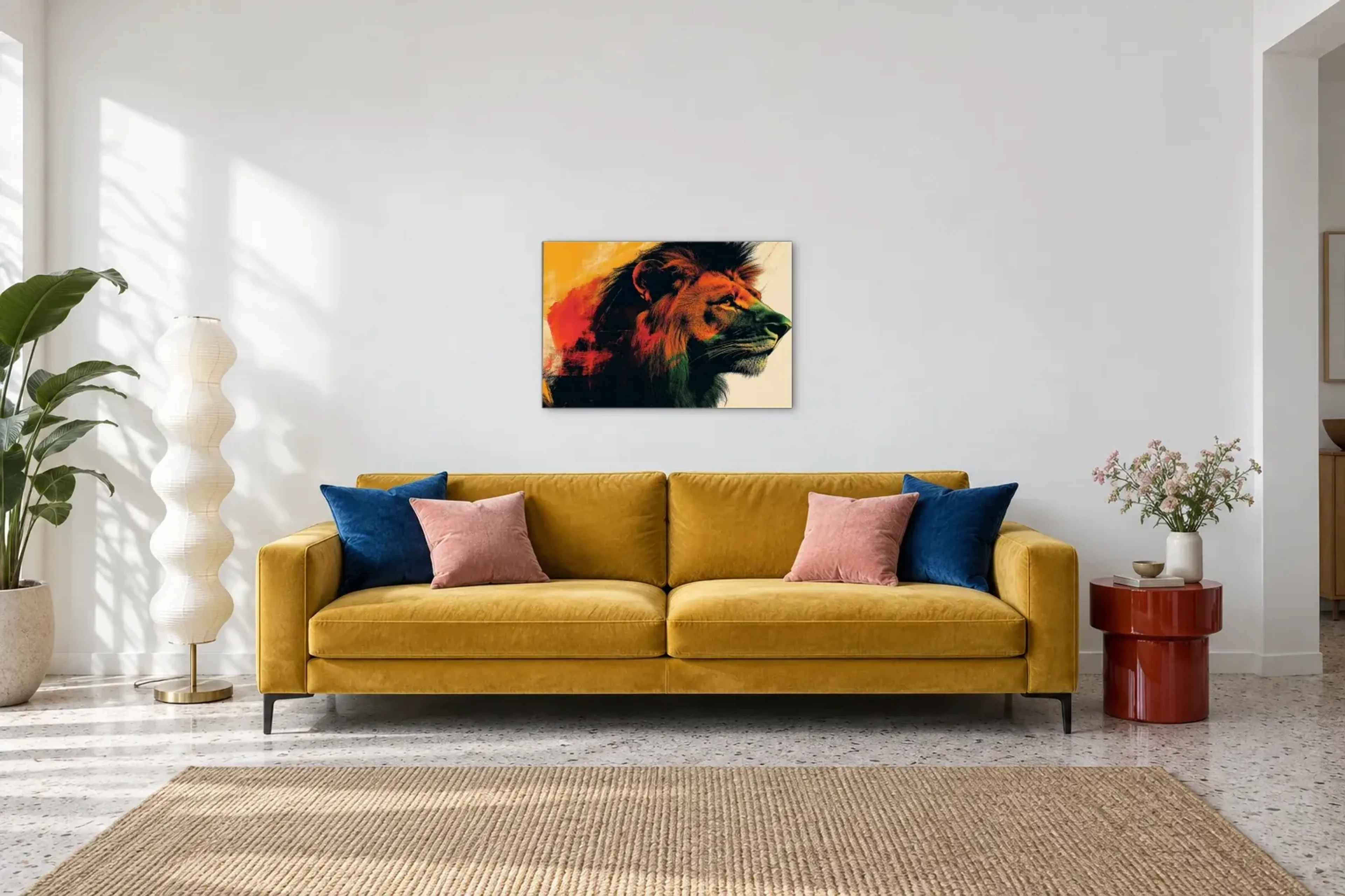 Löwe im Farbspiel als Wandbild über einem 220-cm-Sofa