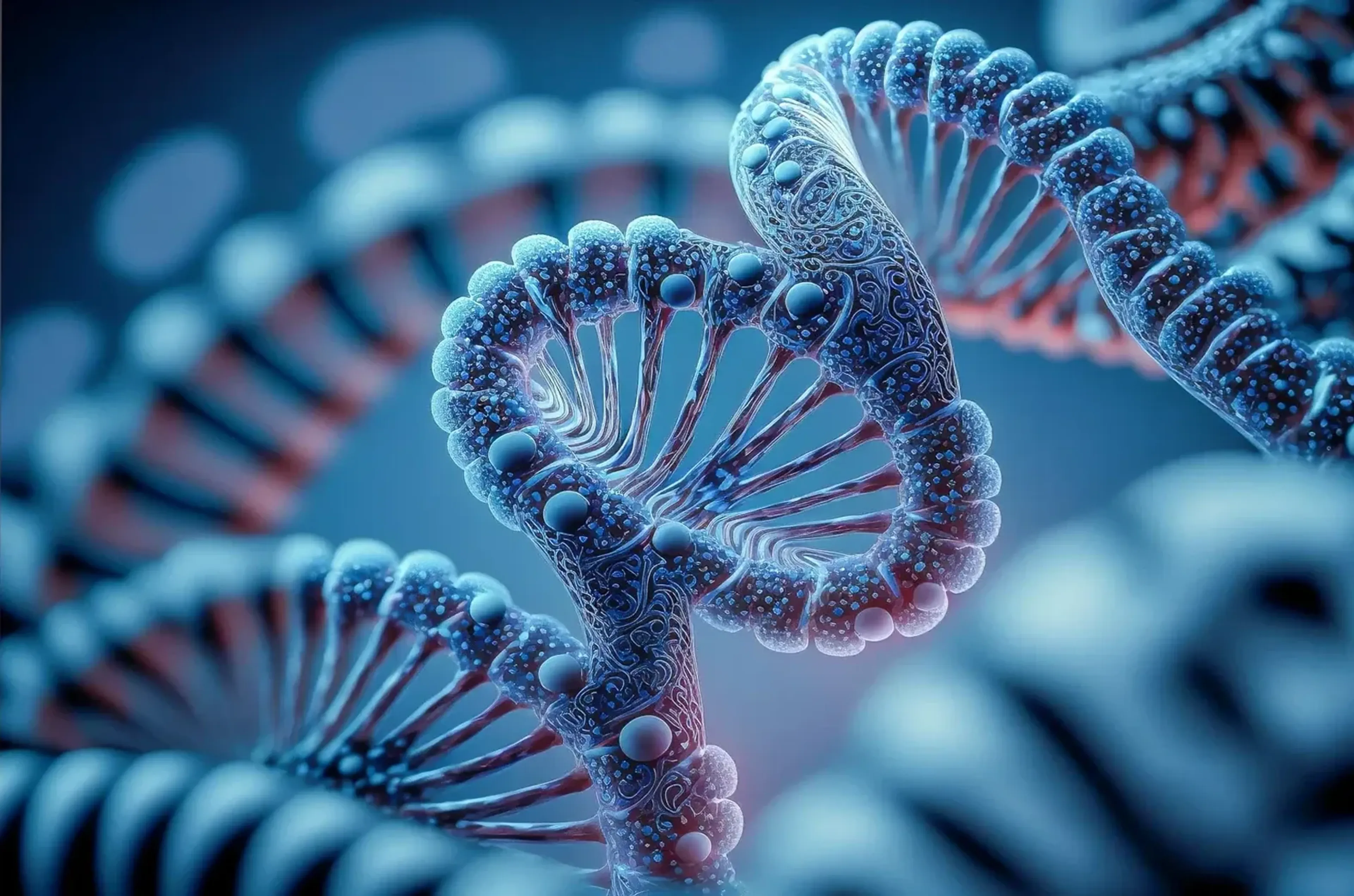 Blau und türkis leuchtende DNA-Doppelhelix mit feinen Oberflächenstrukturen vor unscharfem Hintergrund.