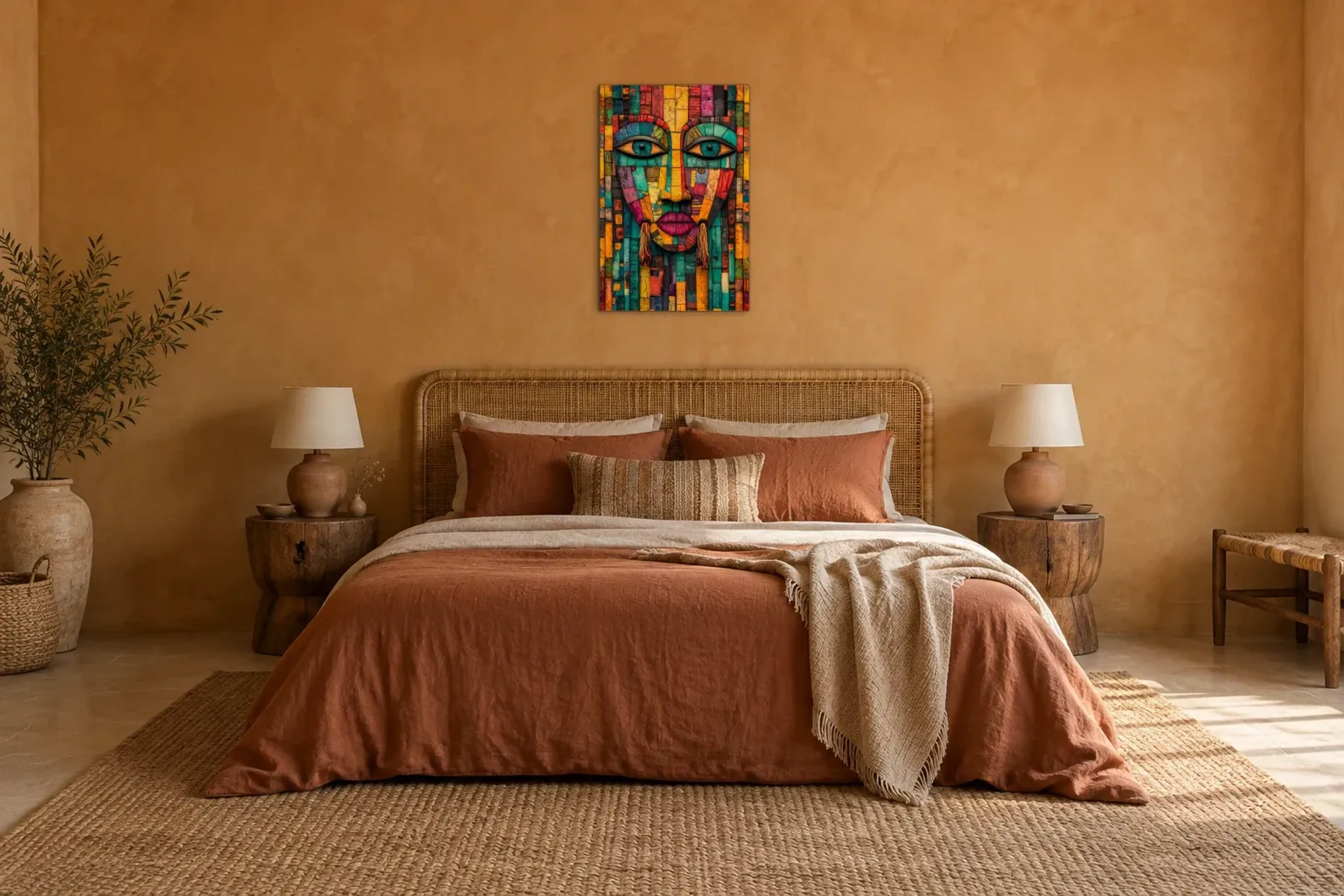 Gesicht aus bunten Feldern als Wandbild über einem 180-cm-Bett