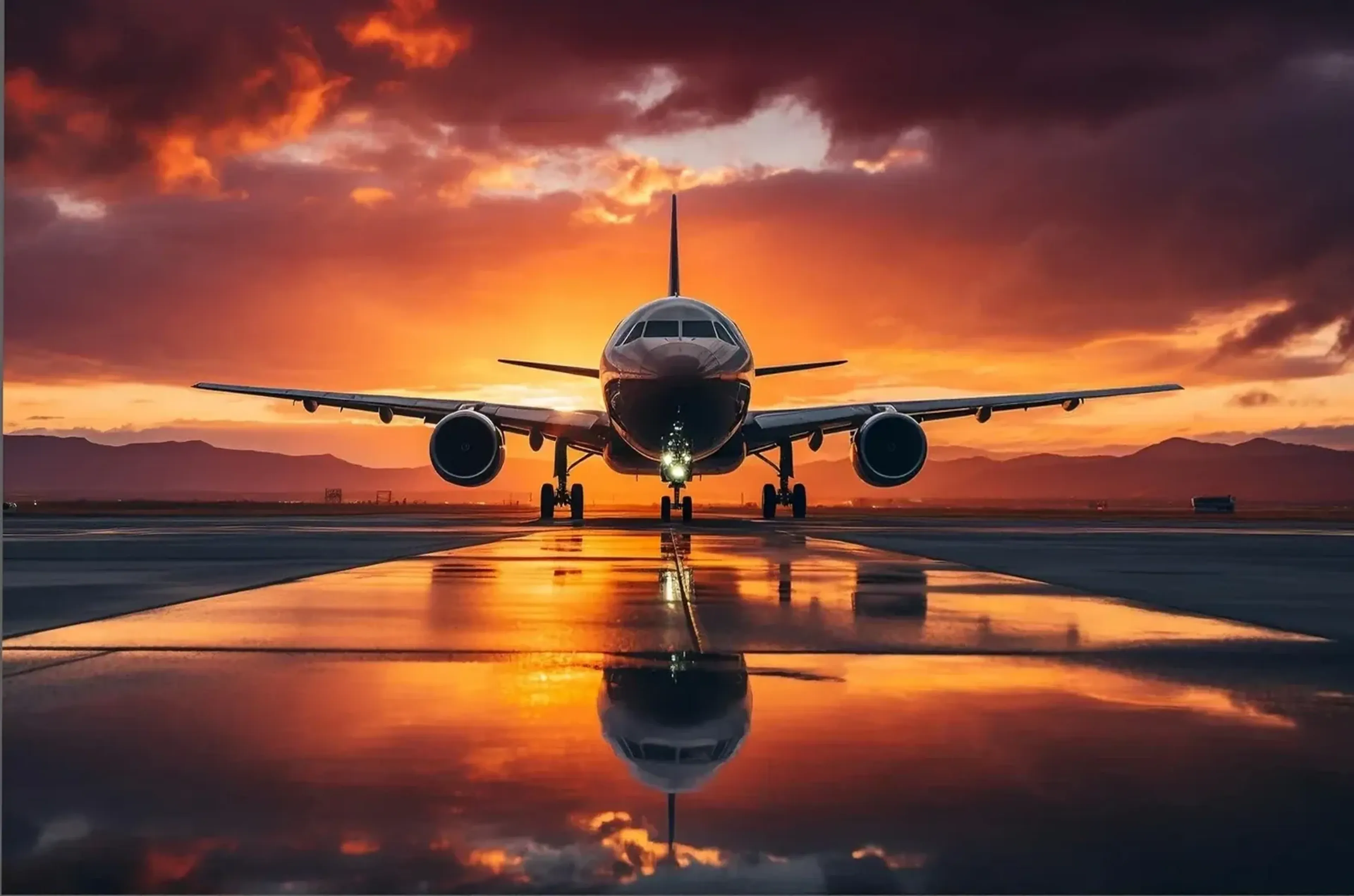 Passagierflugzeug frontal auf nasser Rollbahn mit Spiegelung vor einem orange-violetten Abendhimmel.