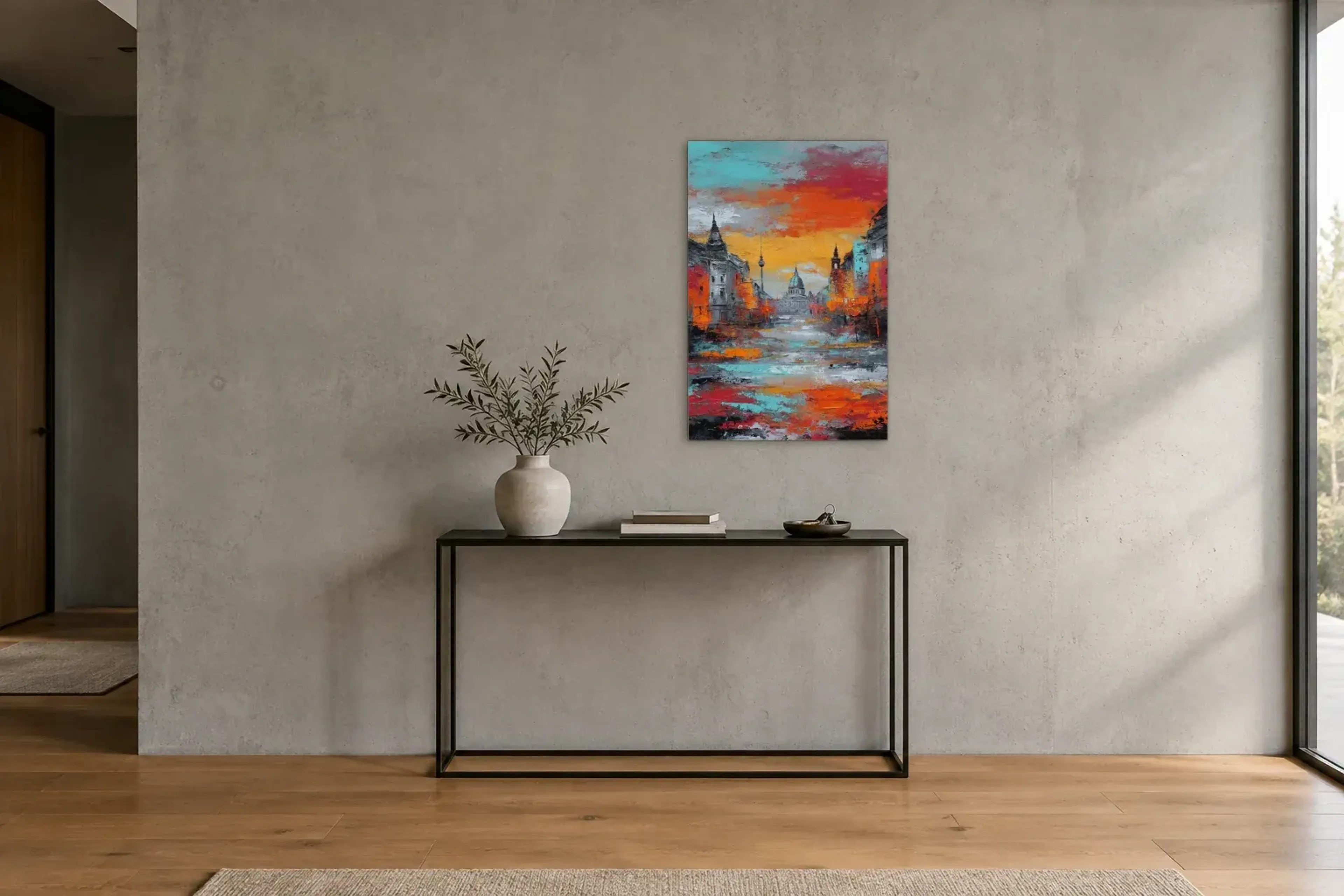 Berlin im orangefarbenen Licht als Wandbild über einer 120-cm-Konsole