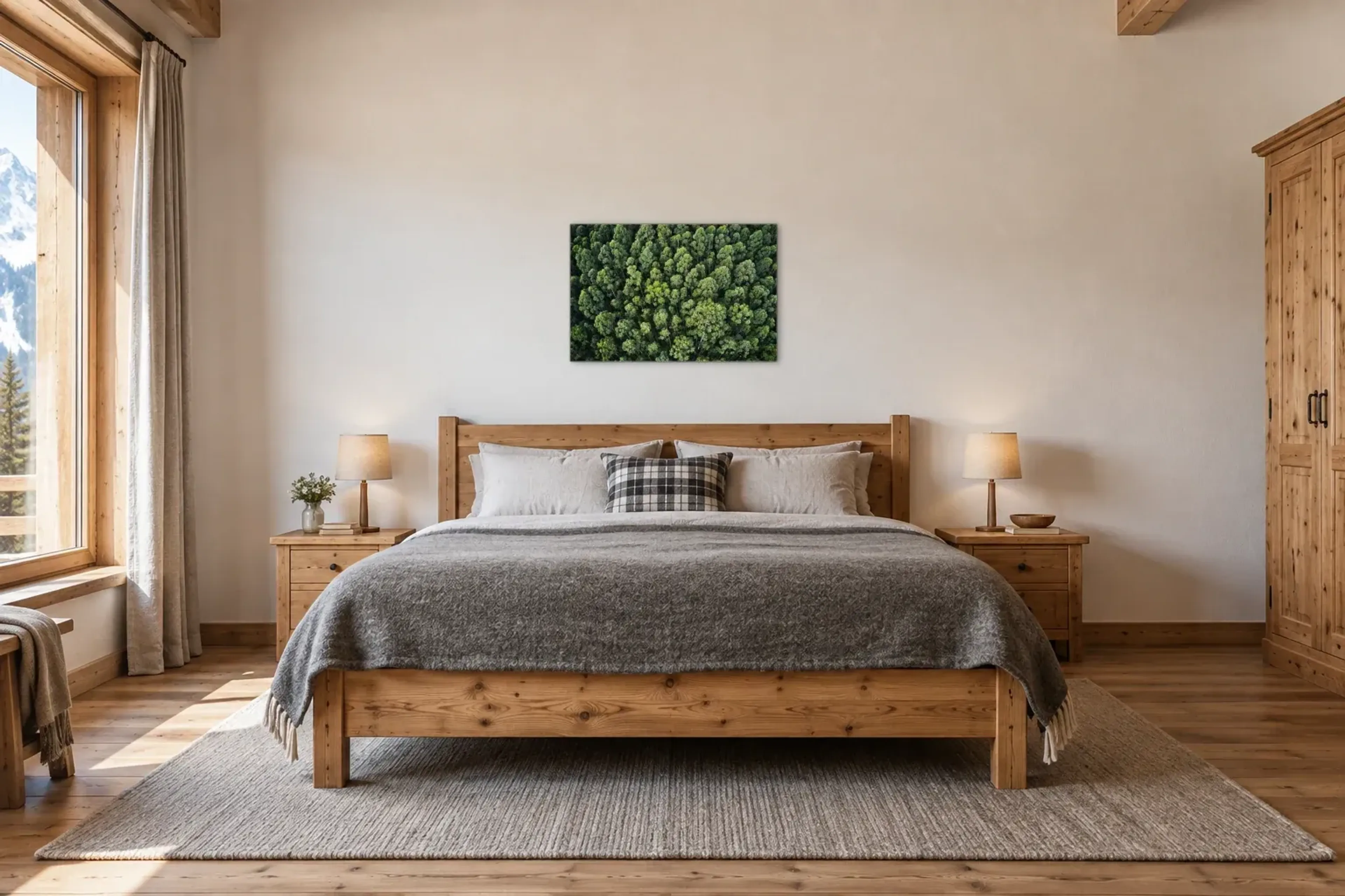 Wald von oben als Wandbild über einem 180-cm-Bett