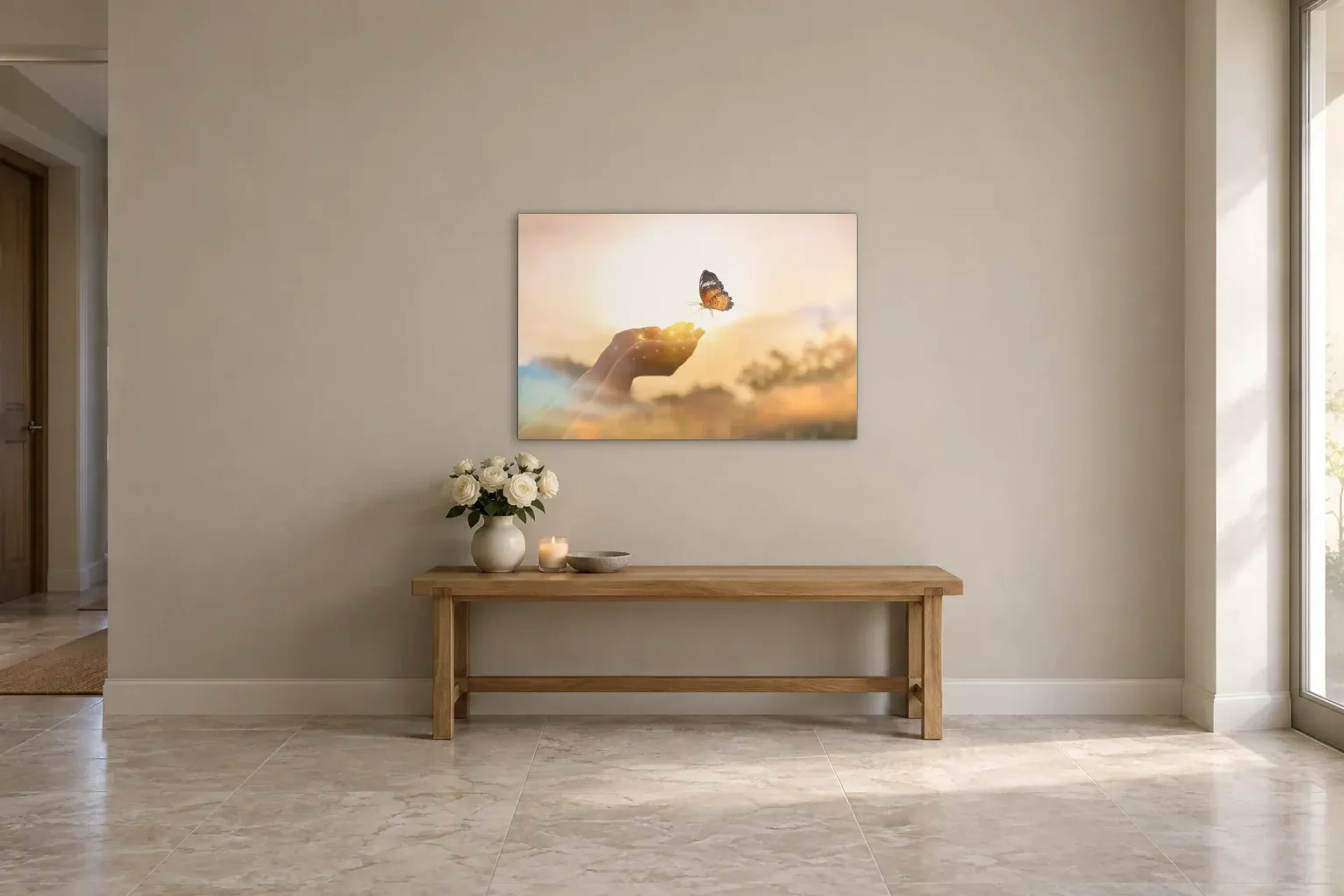 Schmetterling über Händen als Wandbild über einer 120-cm-Bank