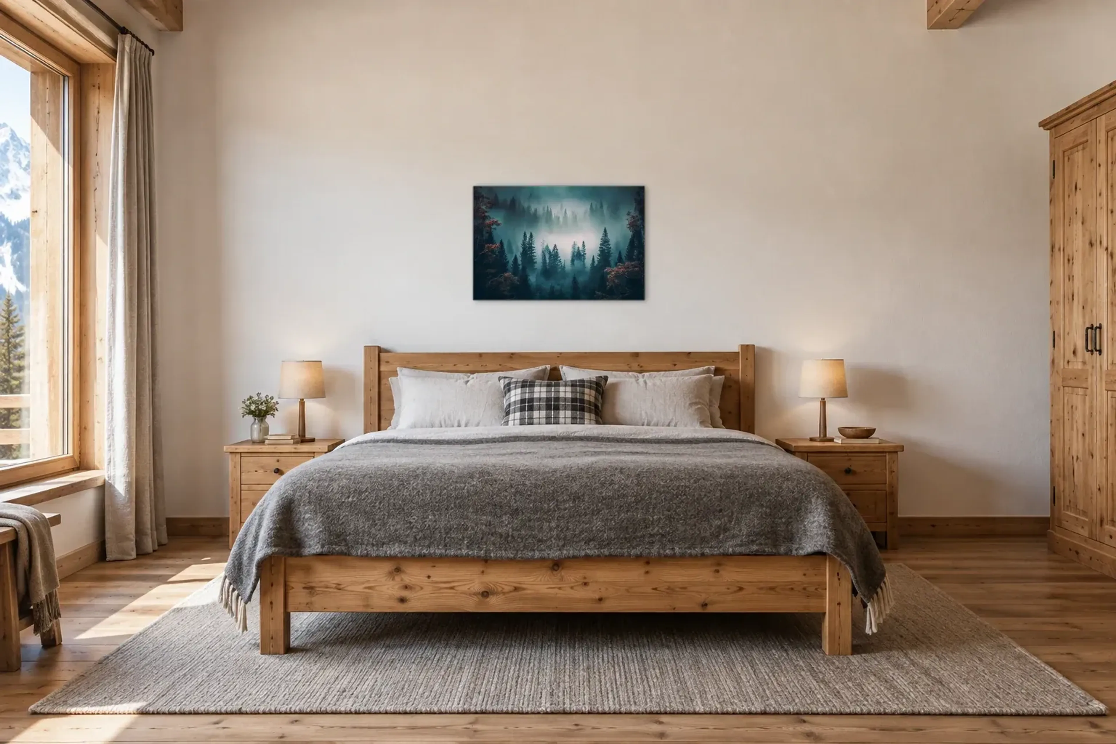 Nadelwald im Nebel als Wandbild über einem 180-cm-Bett