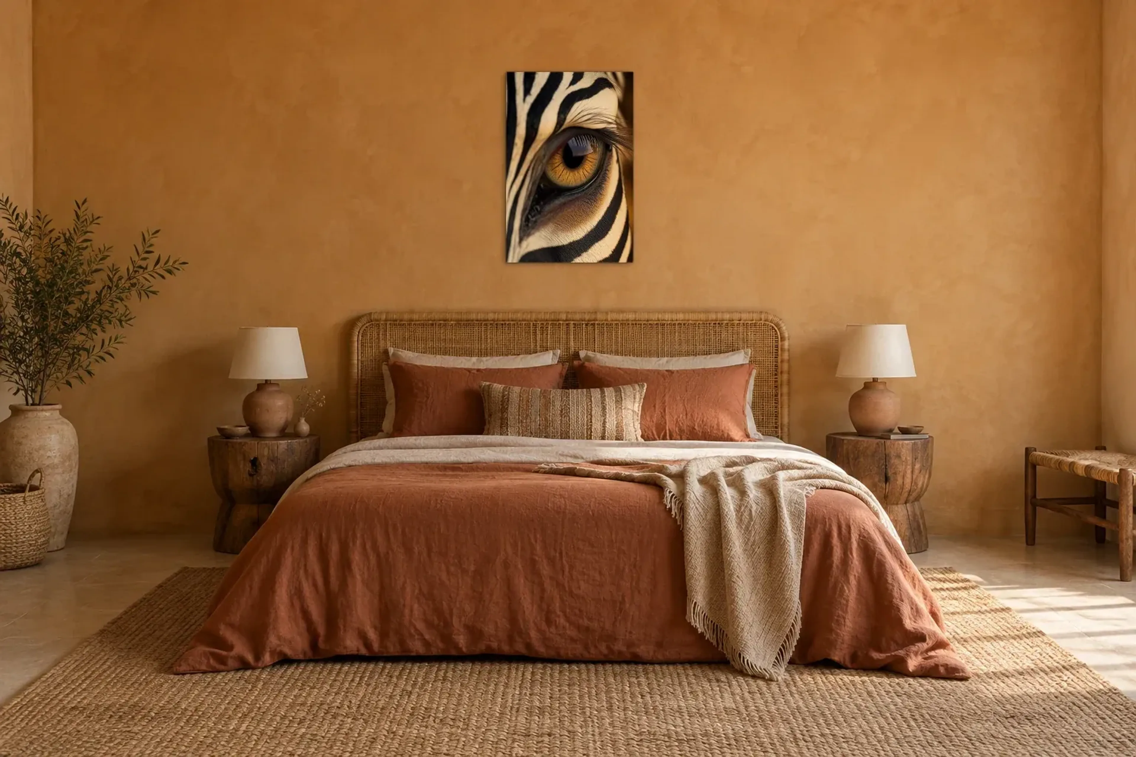 Zebraauge im Detail als Wandbild über einem 180-cm-Bett