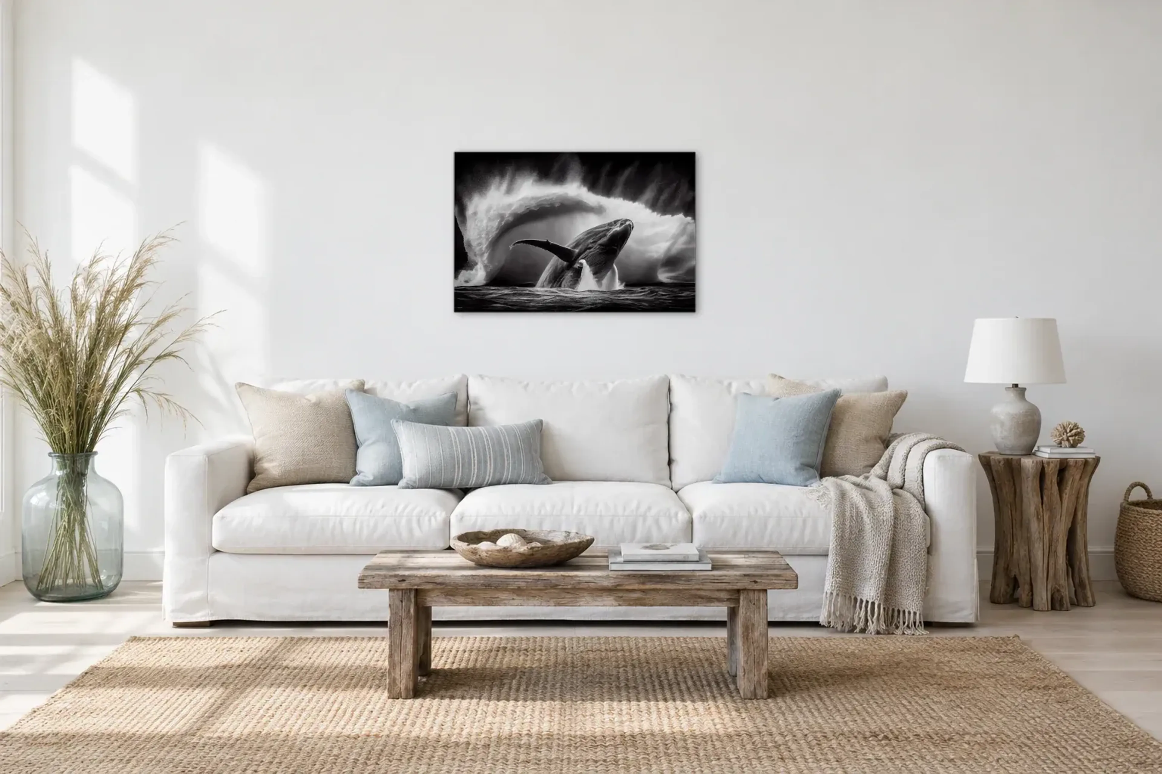 Wal in Schwarz-Weiß als Wandbild über einem 220-cm-Sofa