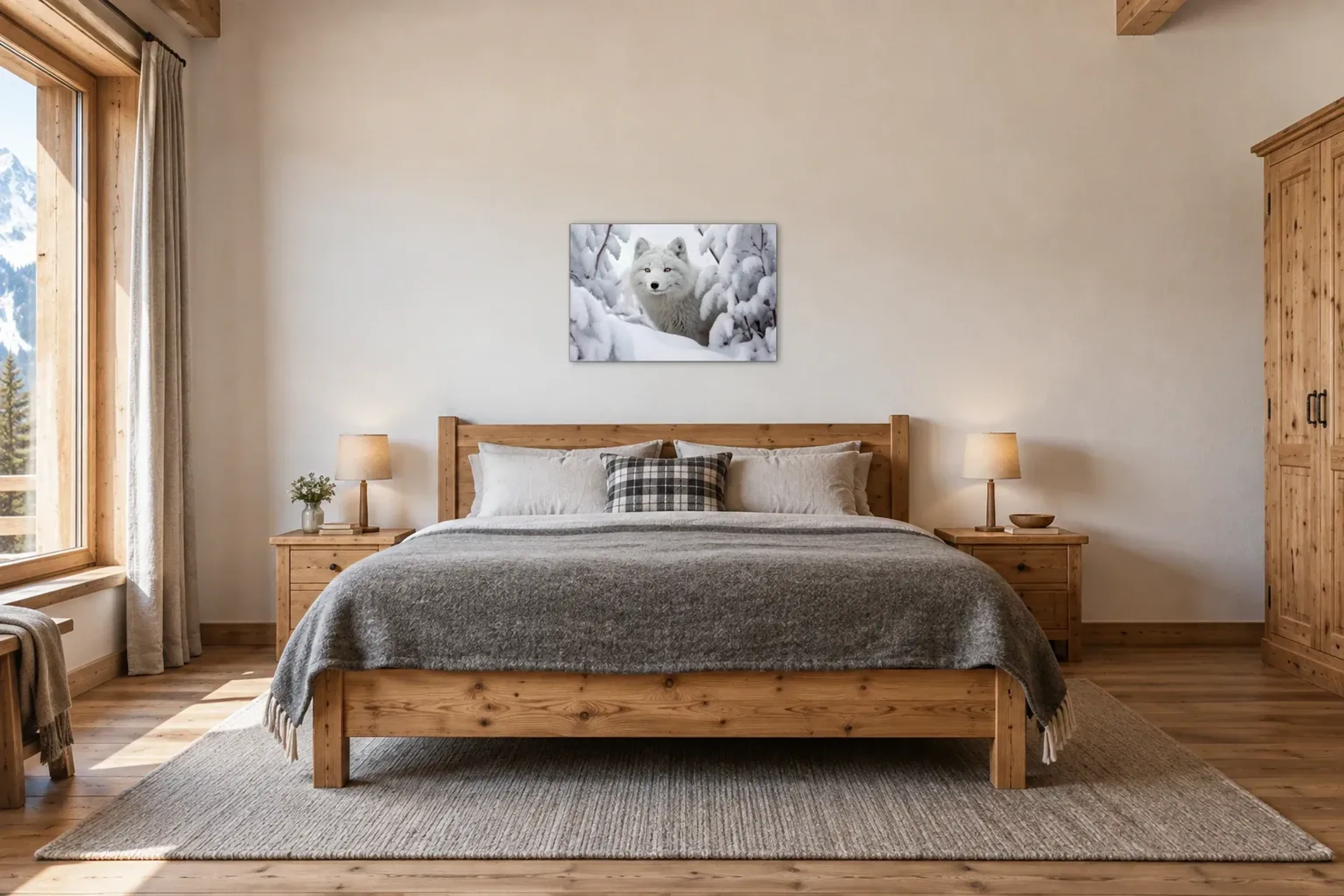 Weißer Wolf im Schnee als Wandbild über einem 180-cm-Bett