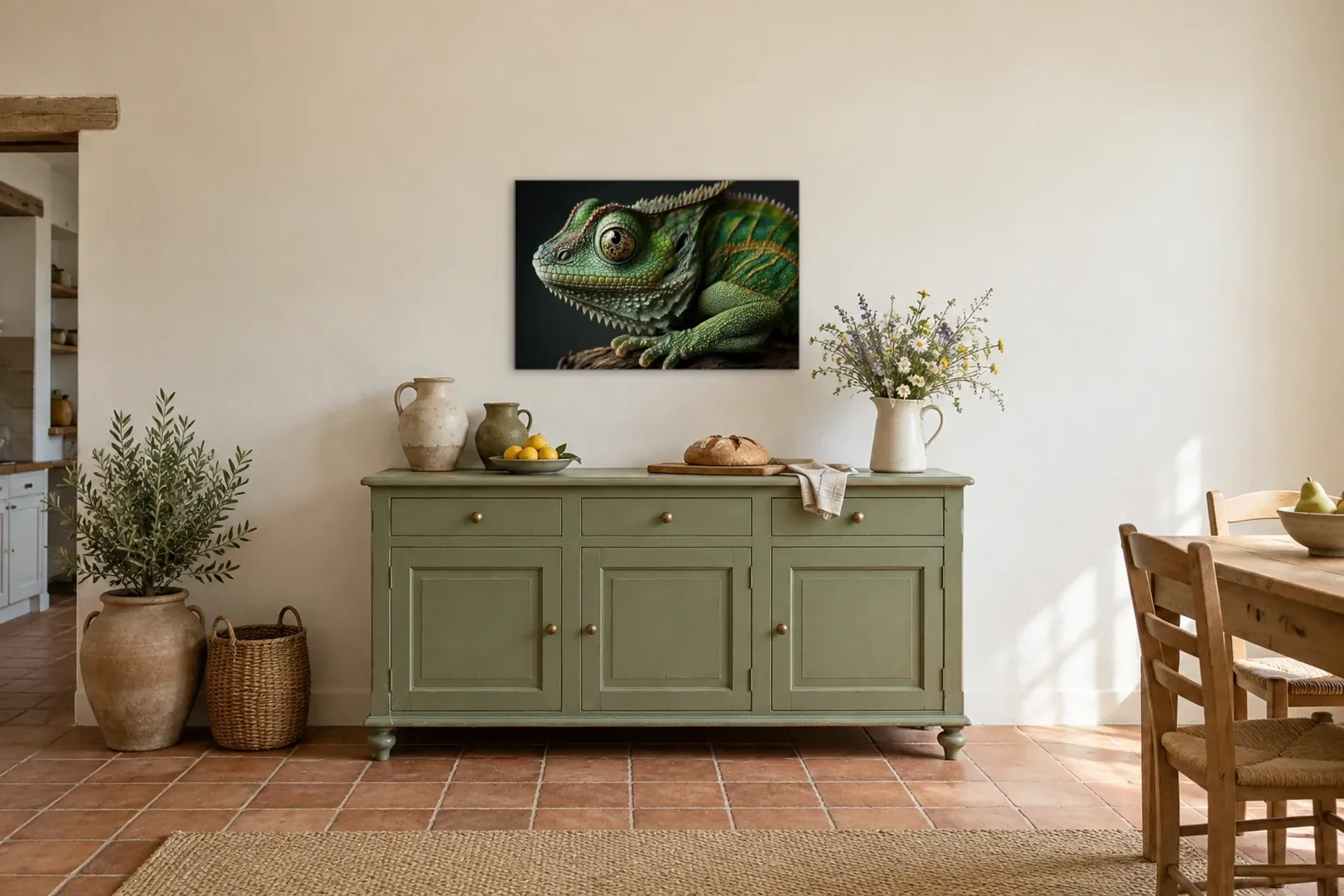 Grüne Echse auf Holz als Wandbild über einer 160-cm-Anrichte