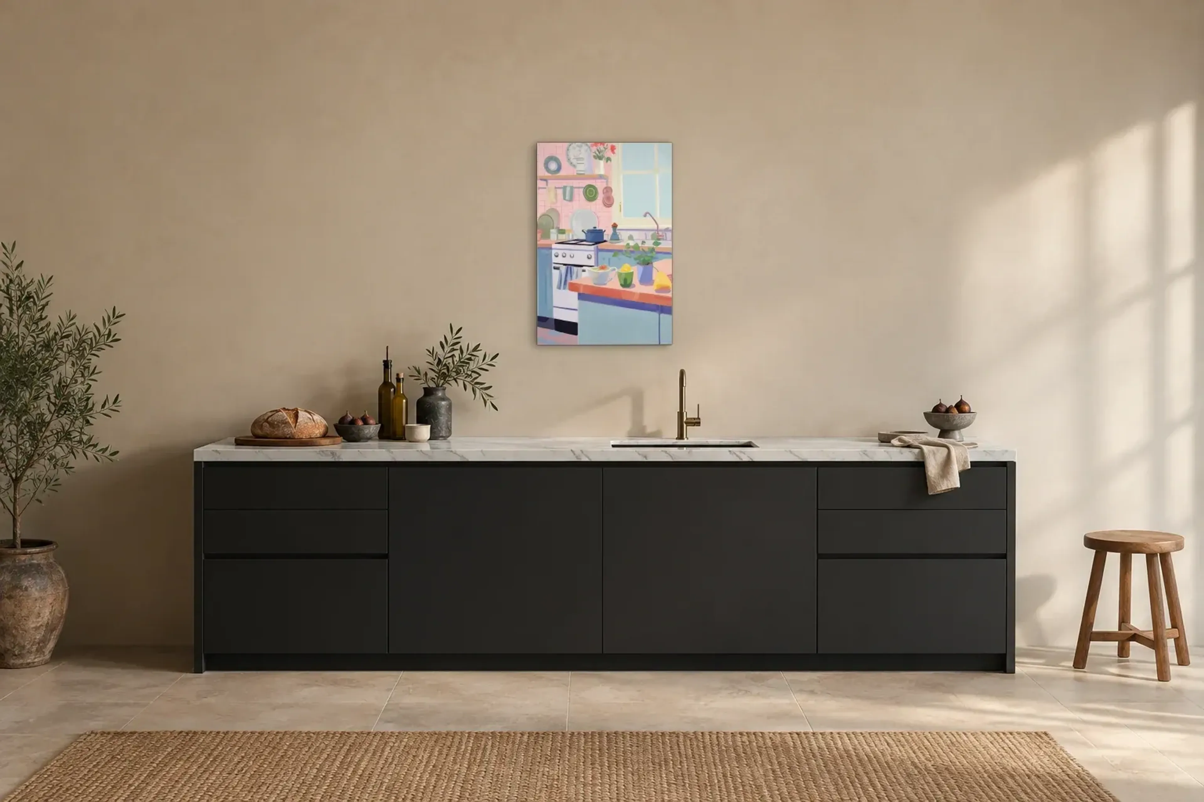 Sonnige Küche mit Zitronen als Wandbild über einer 200-cm-Arbeitsplatte
