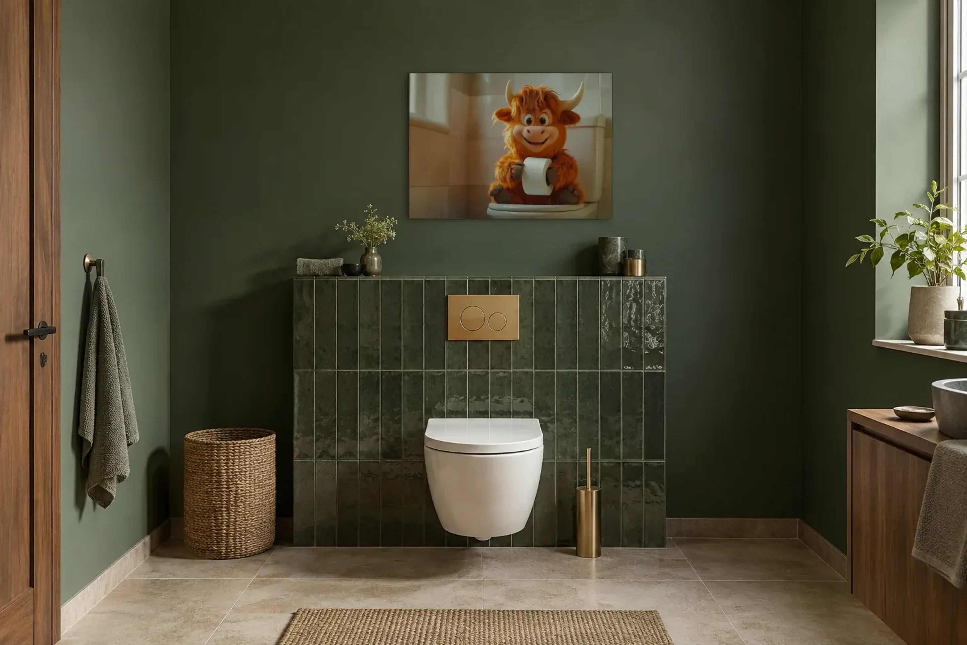 Hochlandrind im Fensterlicht als Wandbild im Gäste-WC