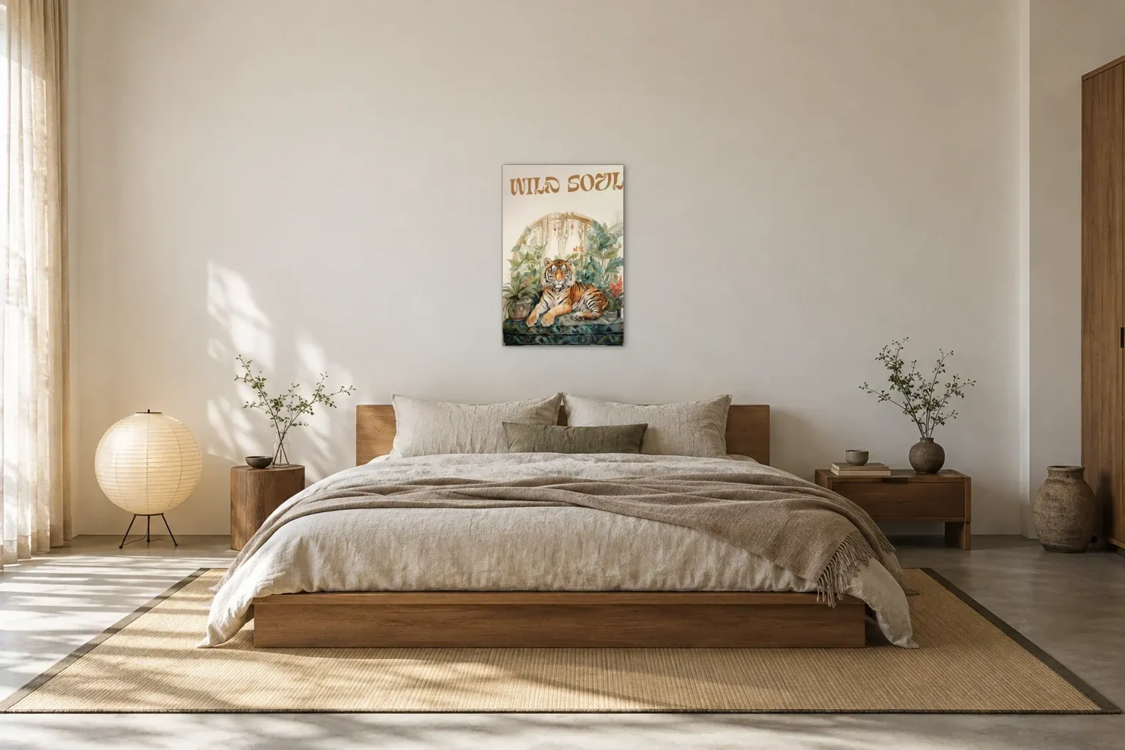 Tiger Wild Soul als Wandbild über einem 180-cm-Bett