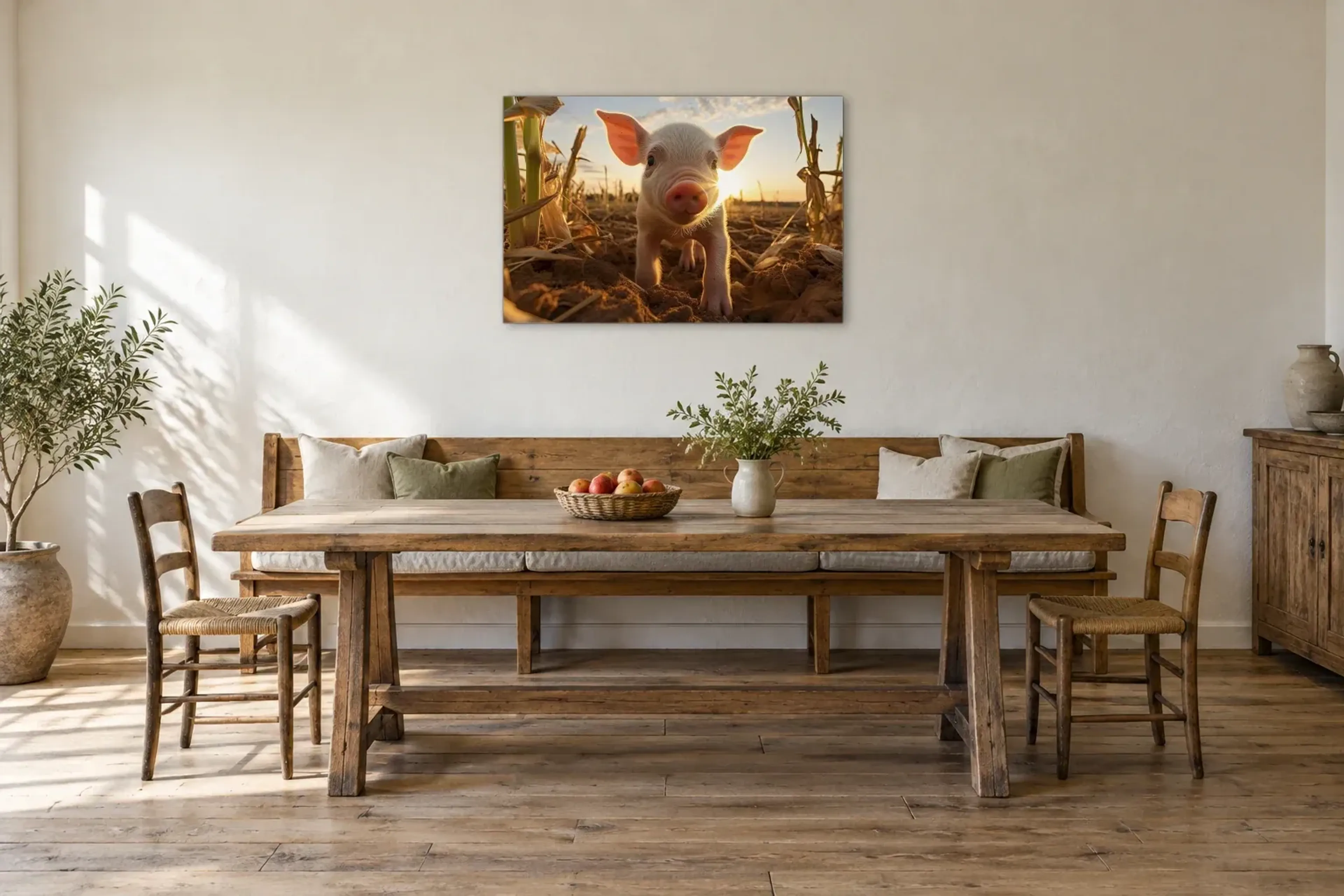 Ferkel im Maisfeld als Wandbild über einer 200-cm-Sitzbank