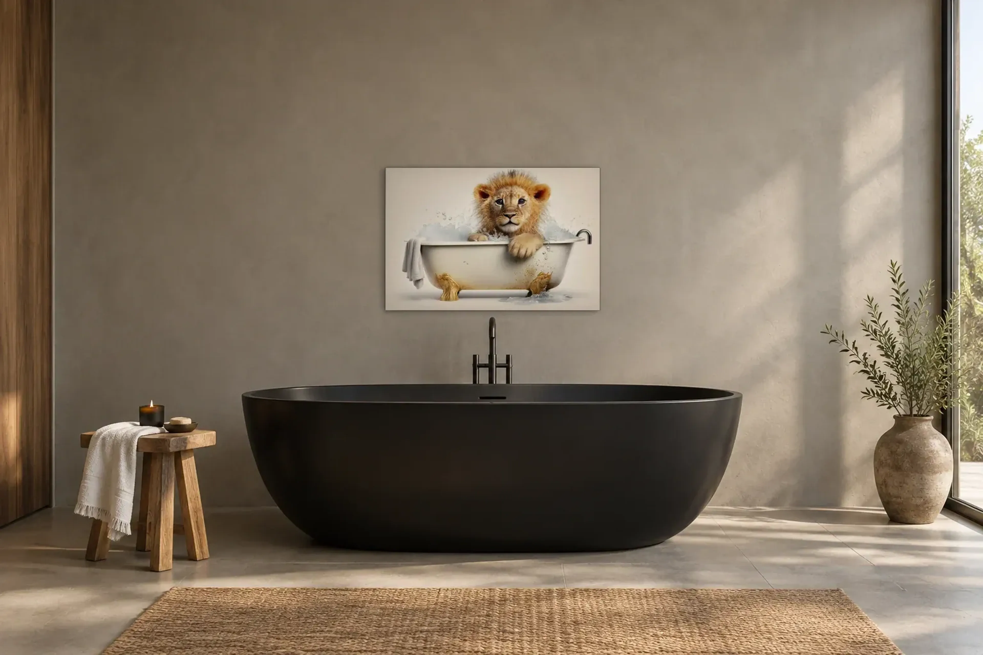 Löwenjunges in der Badewanne als Wandbild über einer 170-cm-Badewanne