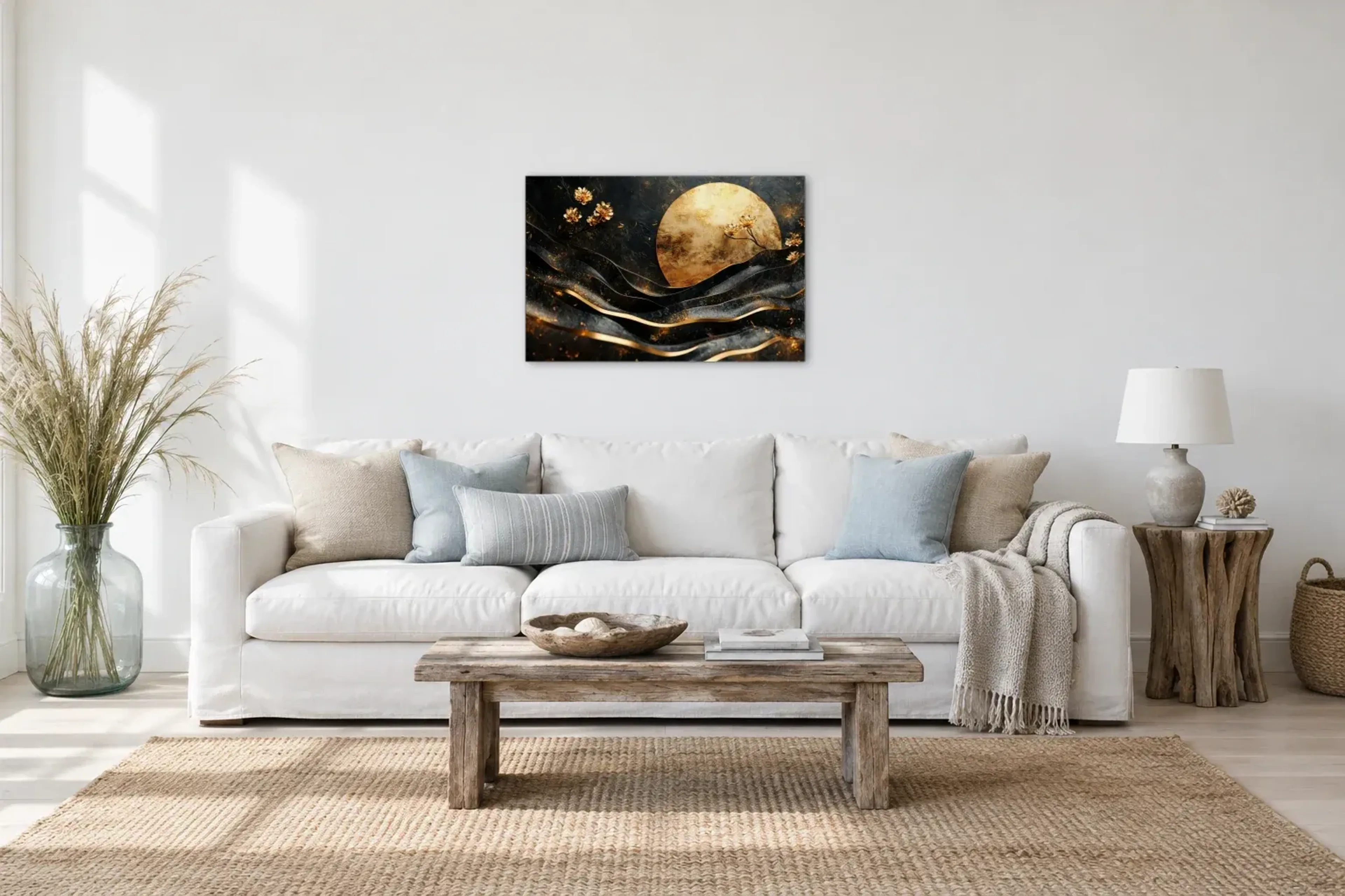 Abstrakte Wellen als Wandbild über einem 220-cm-Sofa