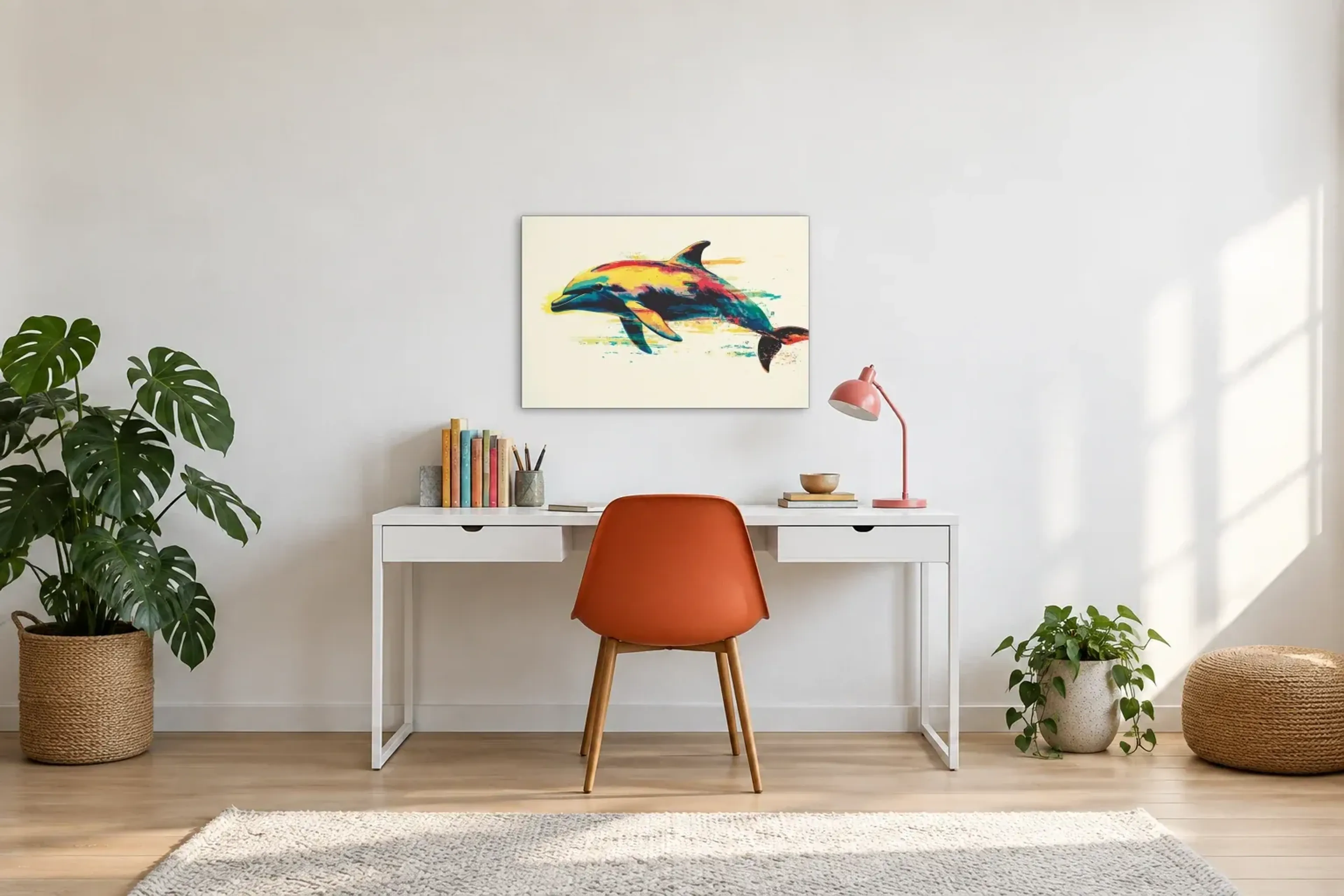 Delfin in bunten Farben als Wandbild über einem 140-cm-Schreibtisch
