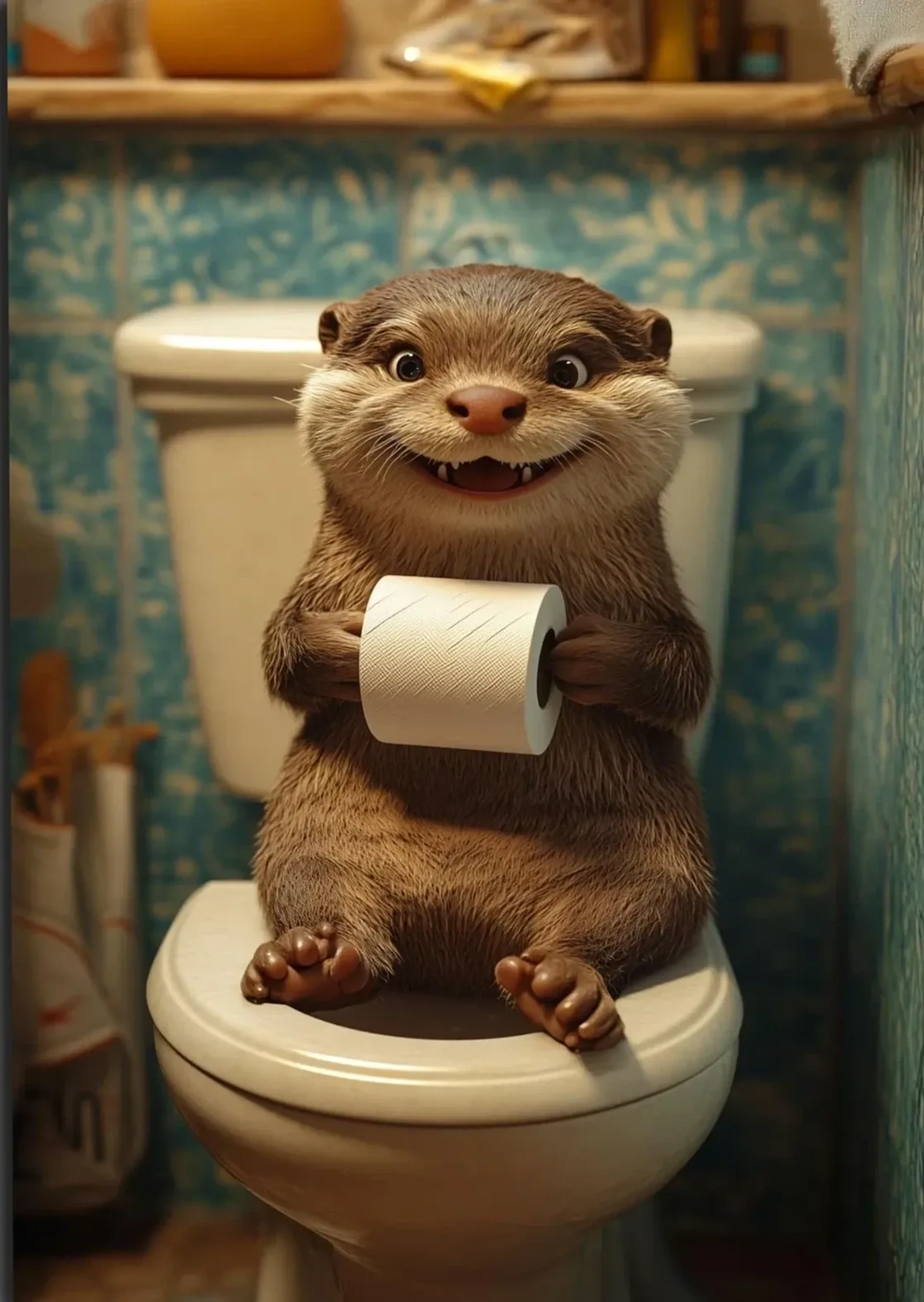 Otter mit Klopapier – Motiv als Wandbild auf Holz