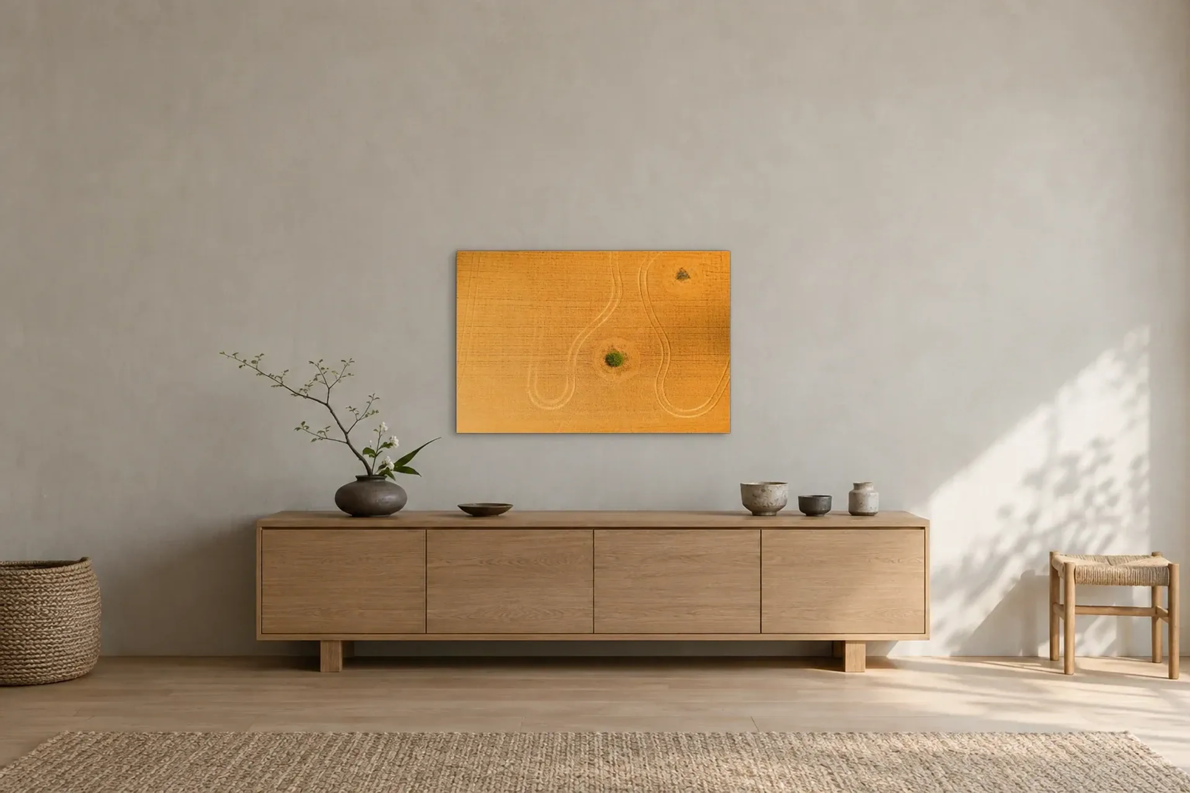 Weizenfeld von oben als Wandbild über einem 180-cm-Sideboard