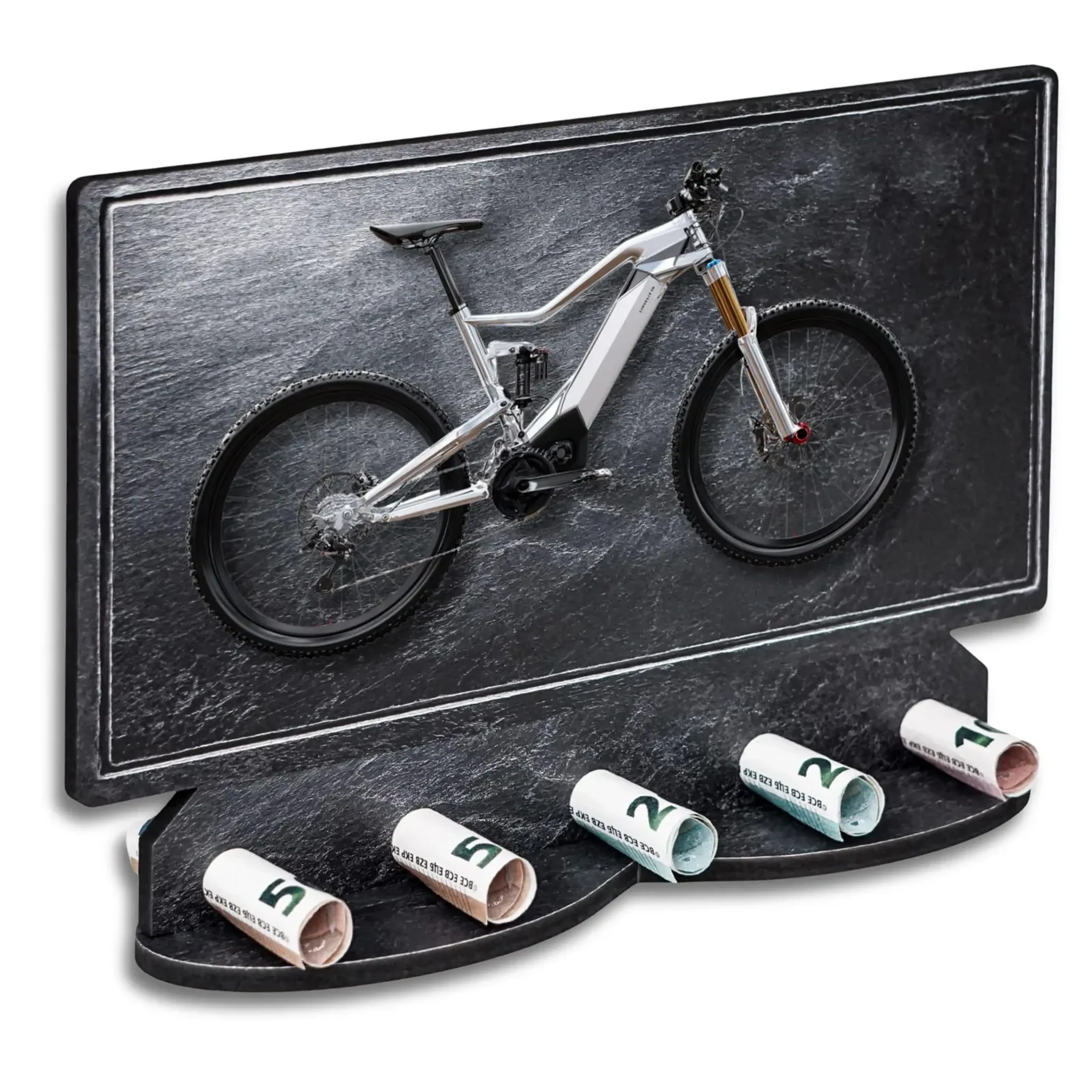 Geldgeschenk in dunkler Schieferoptik mit silberfarbenem Fully-E-Bike und gerollten Geldscheinen.