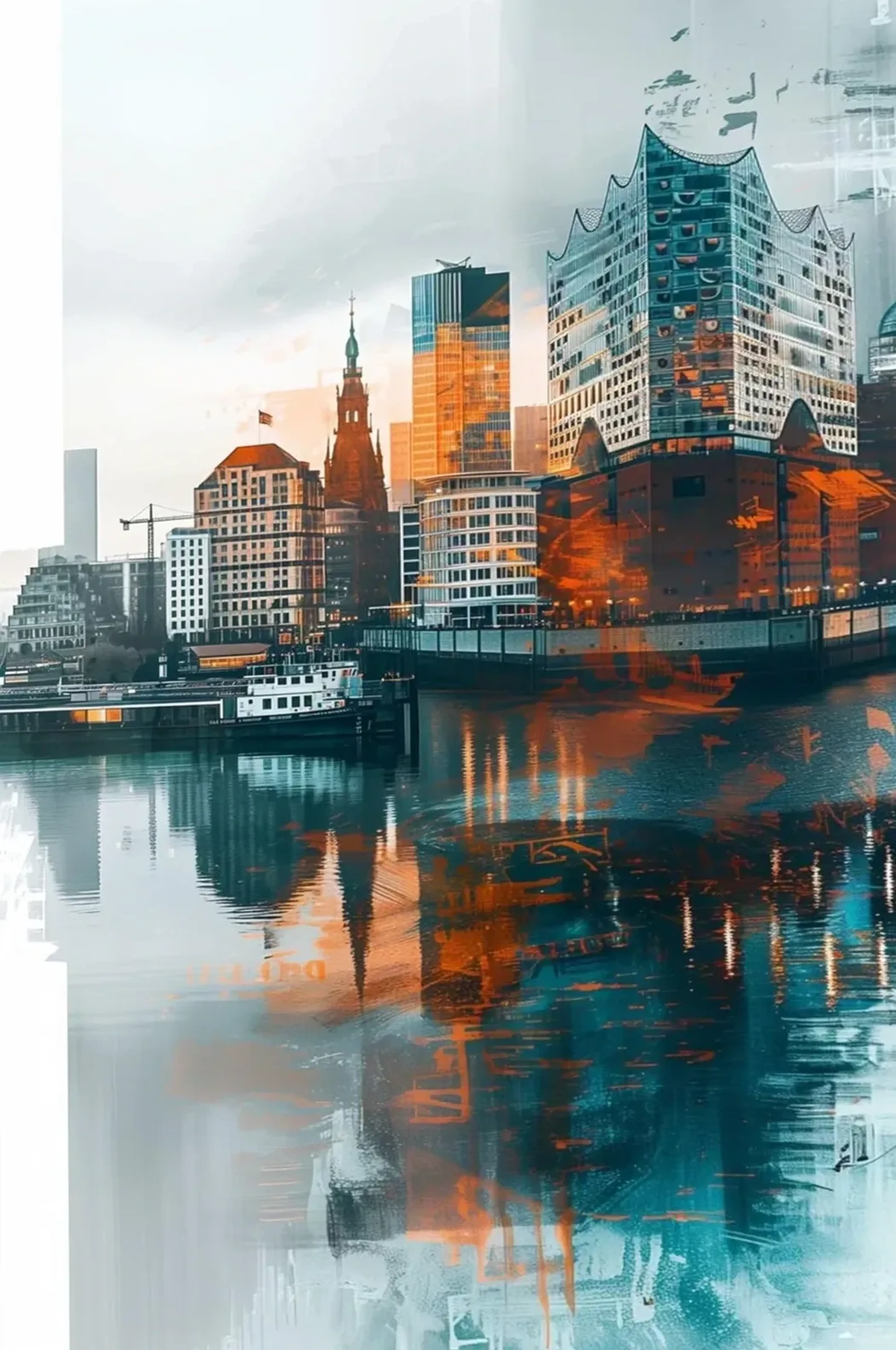 Elbphilharmonie und Hafenbauten mit weißem Schiff, orangefarbenen Akzenten und Spiegelungen in petrolfarbenem Wasser.