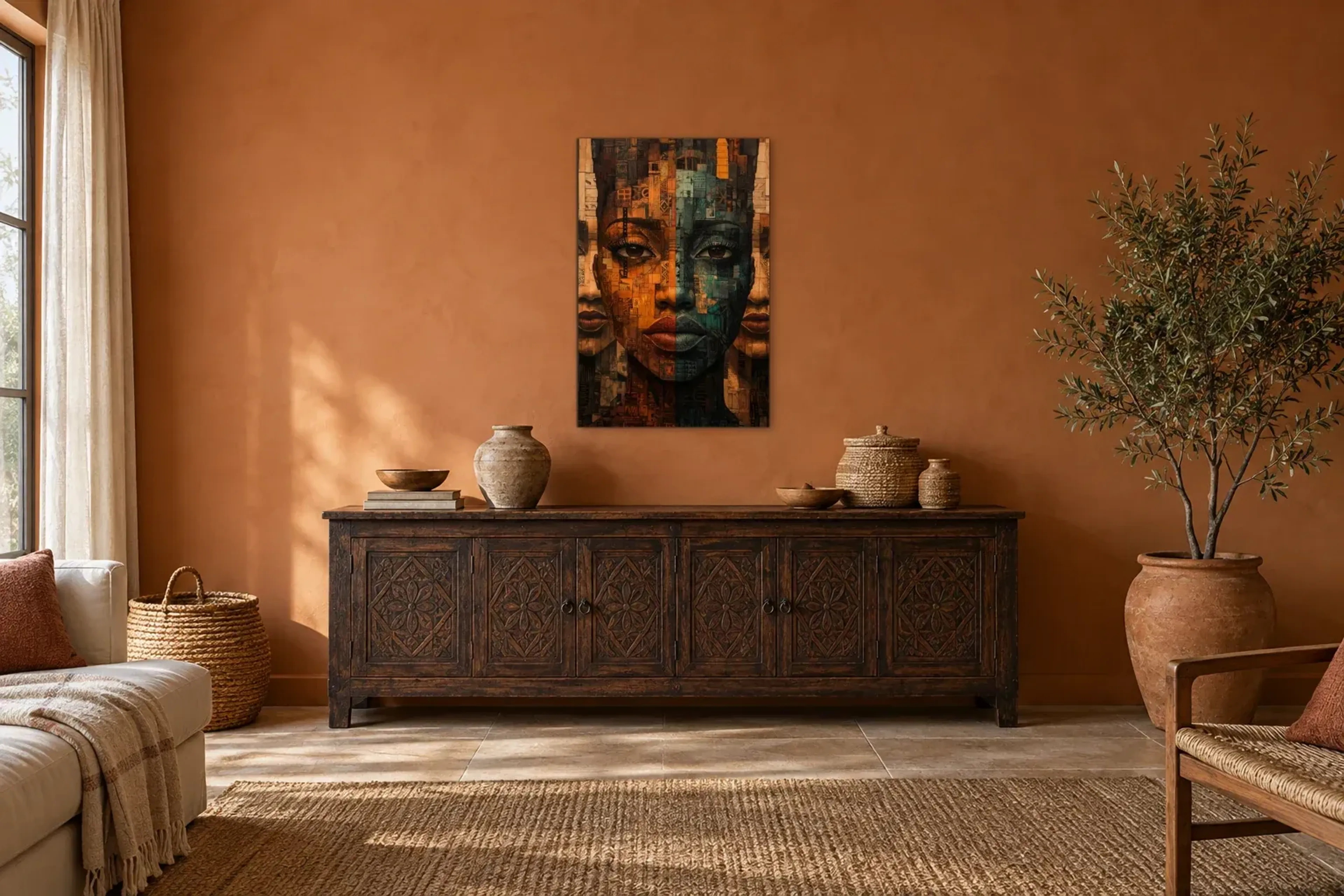 Gesicht in Ocker und Petrol als Wandbild über einem 180-cm-Sideboard