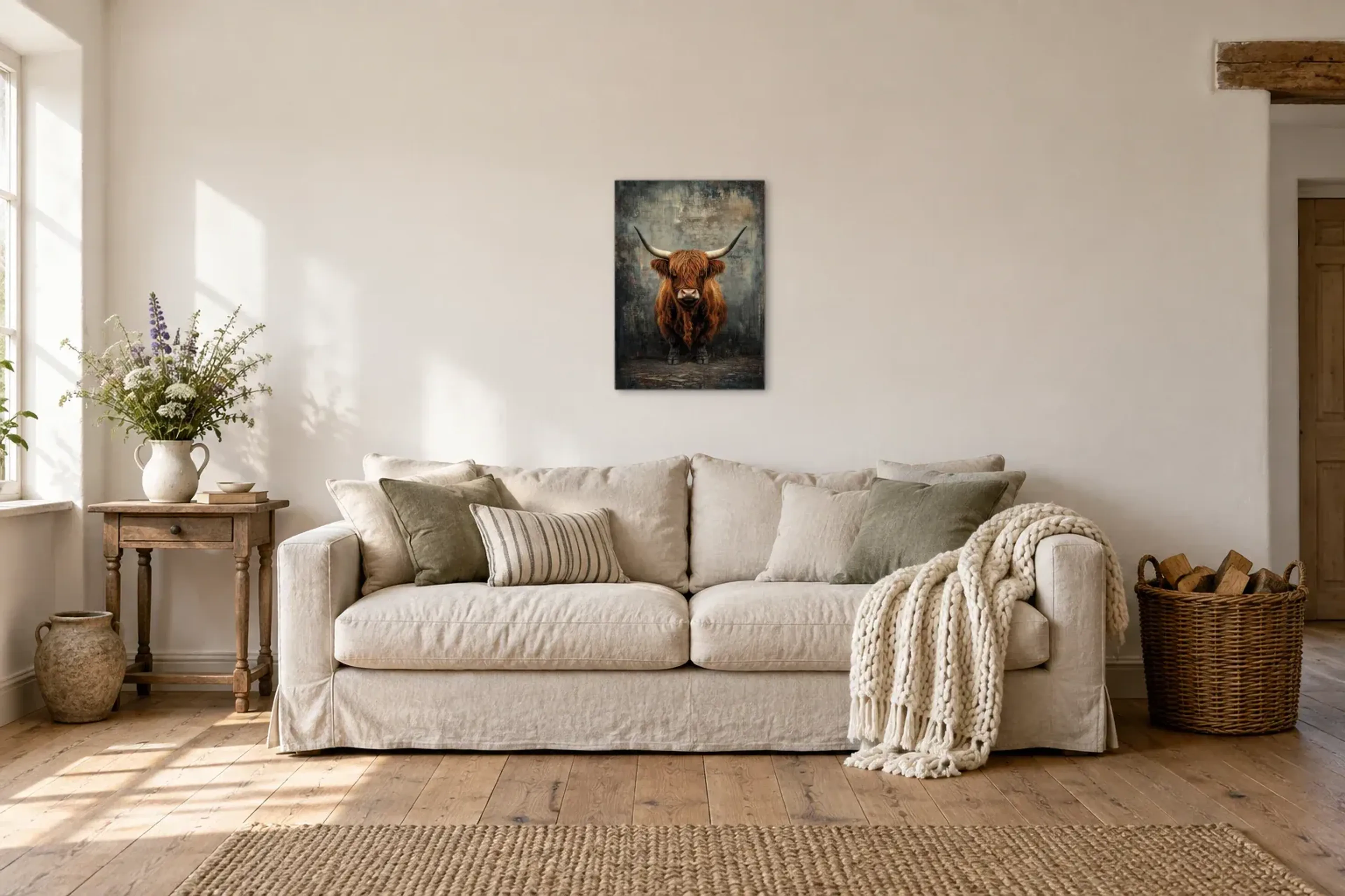 Hochlandrind vor grauer Kulisse als Wandbild über einem 220-cm-Sofa
