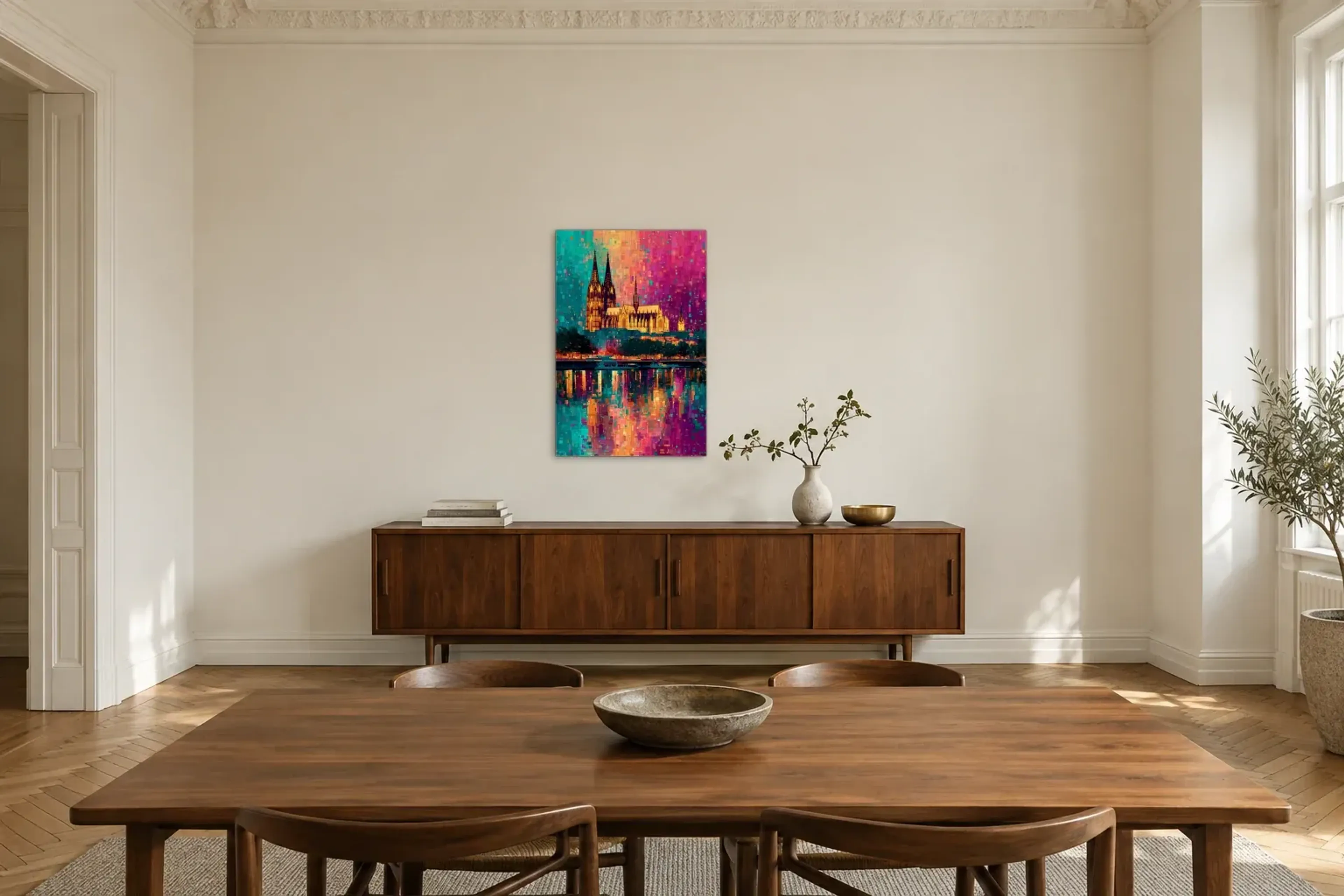 Kölner Dom im Farbenspiel als Wandbild über einem 200-cm-Sideboard