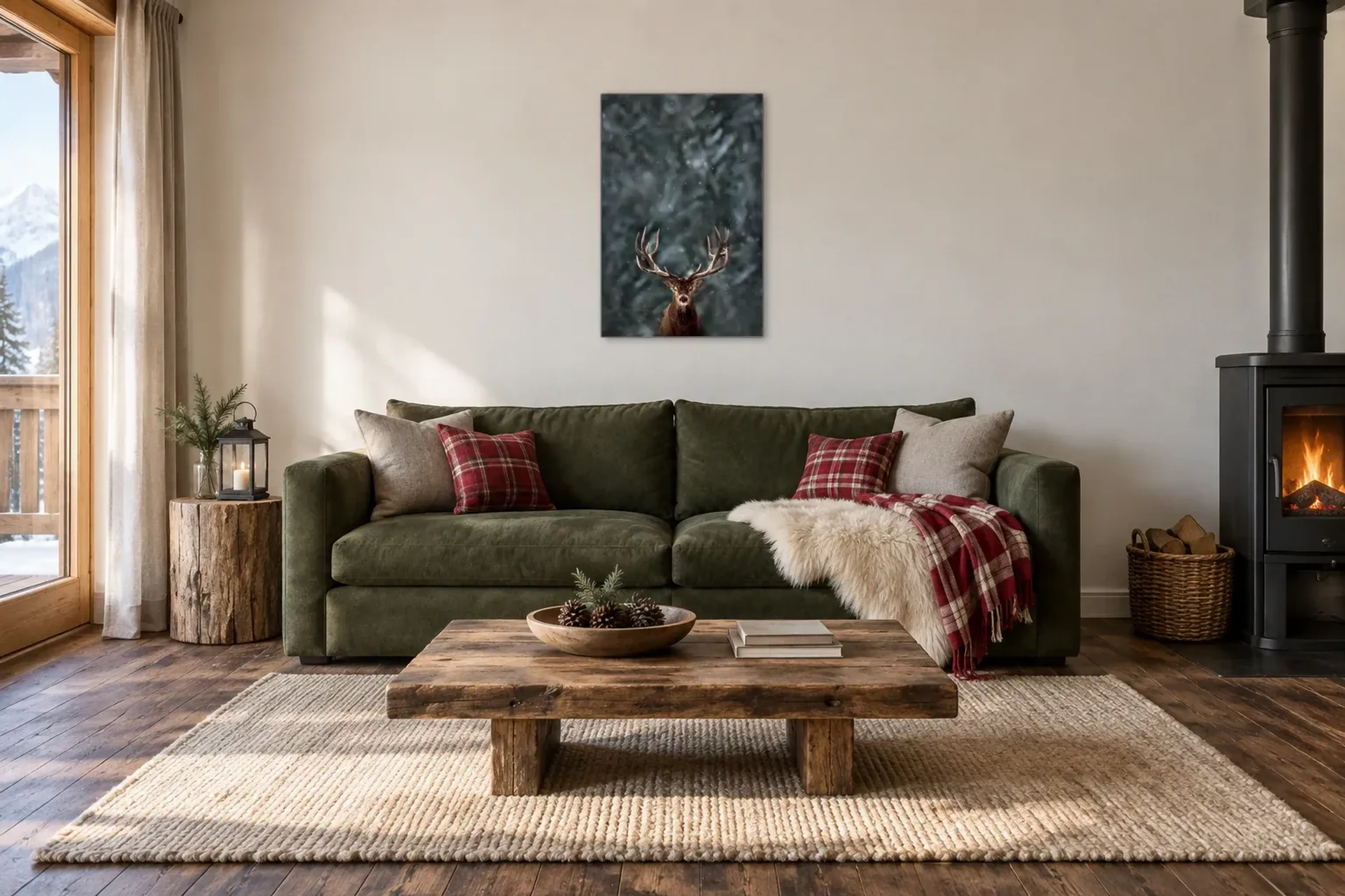 Hirsch im Schneefall als Wandbild über einem 220-cm-Sofa