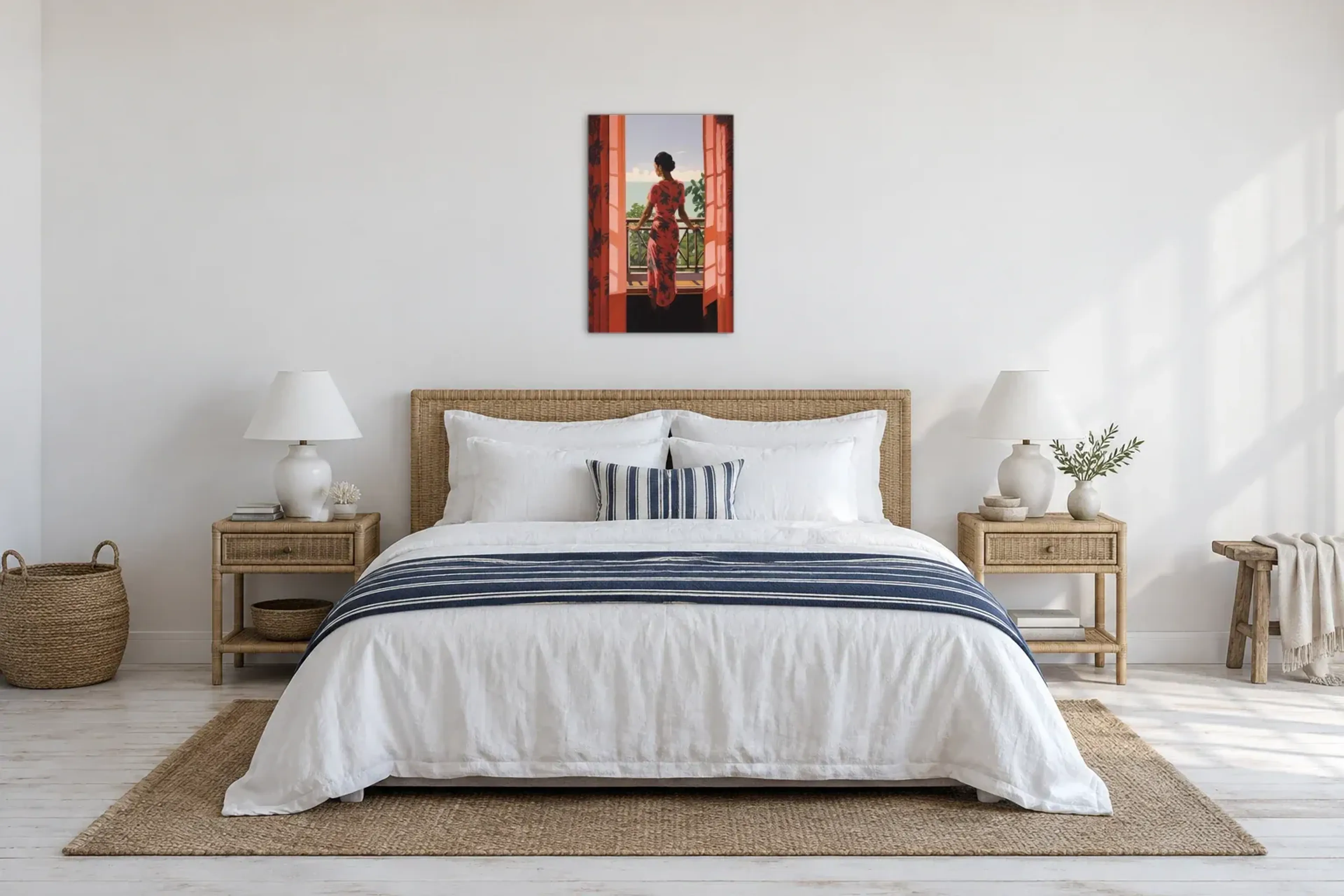 Frau am Balkongeländer als Wandbild über einem 180-cm-Bett