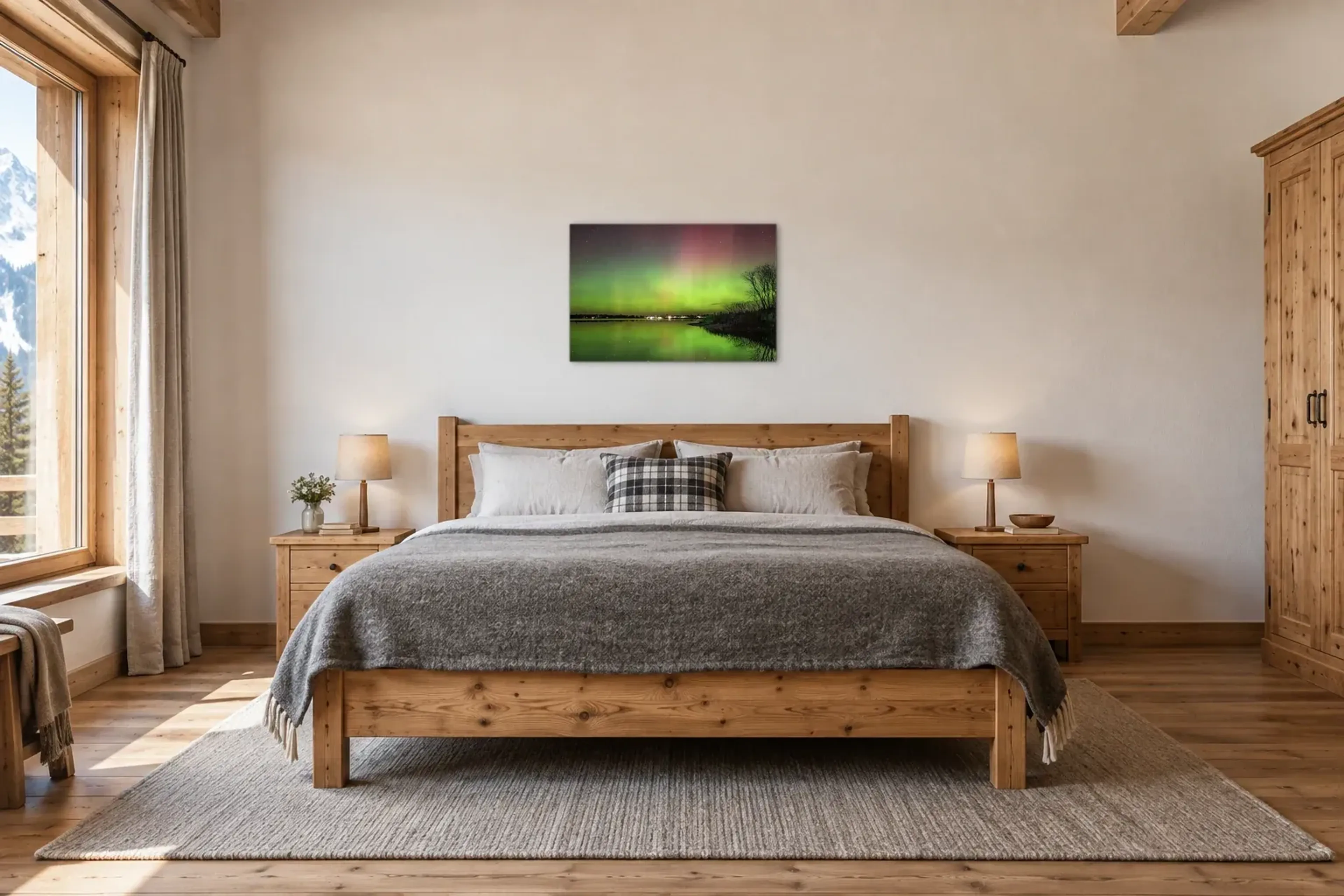 Polarlichter über dem See als Wandbild über einem 180-cm-Bett
