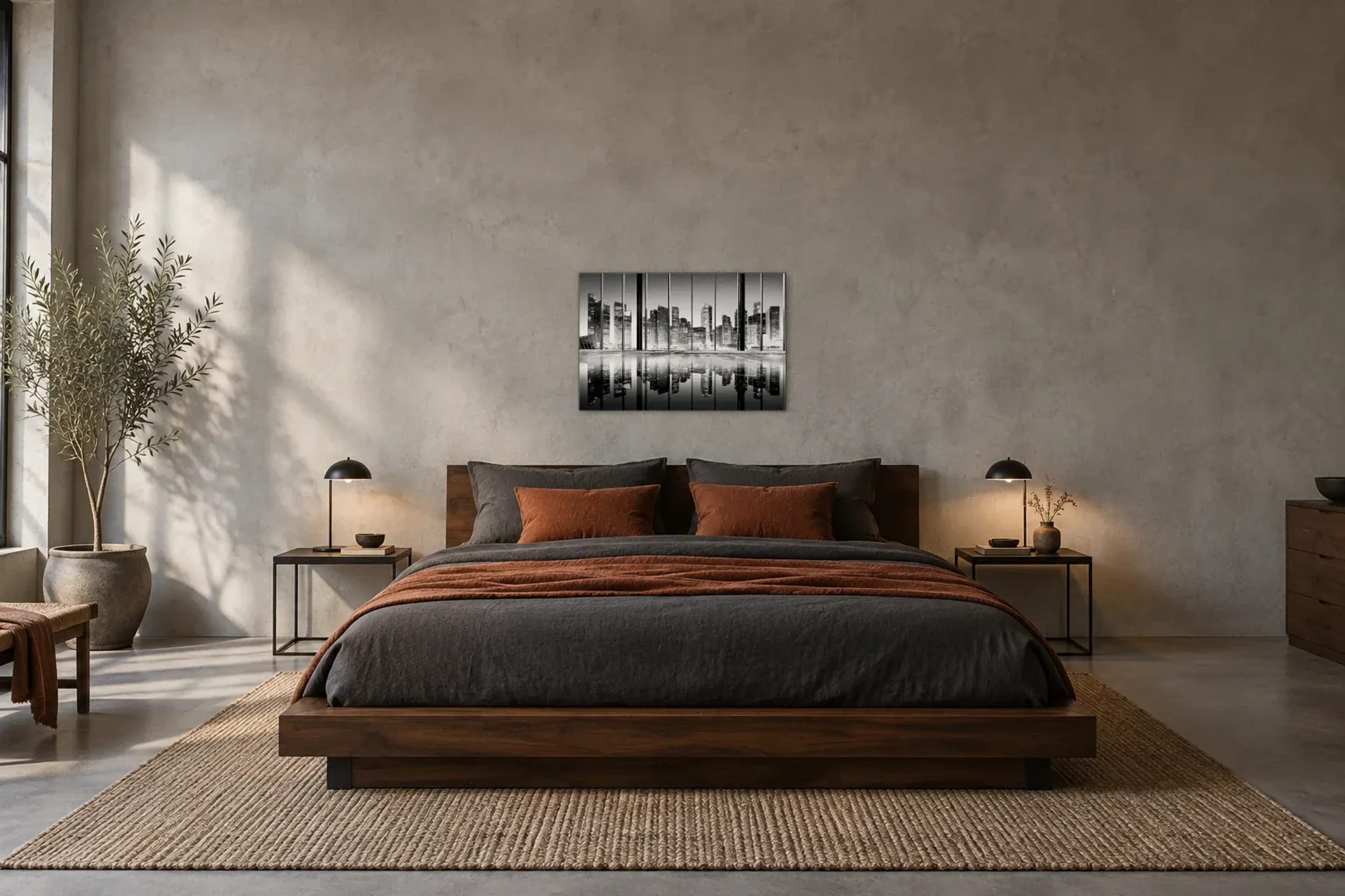 Skyline hinter Glas als Wandbild über einem 180-cm-Bett