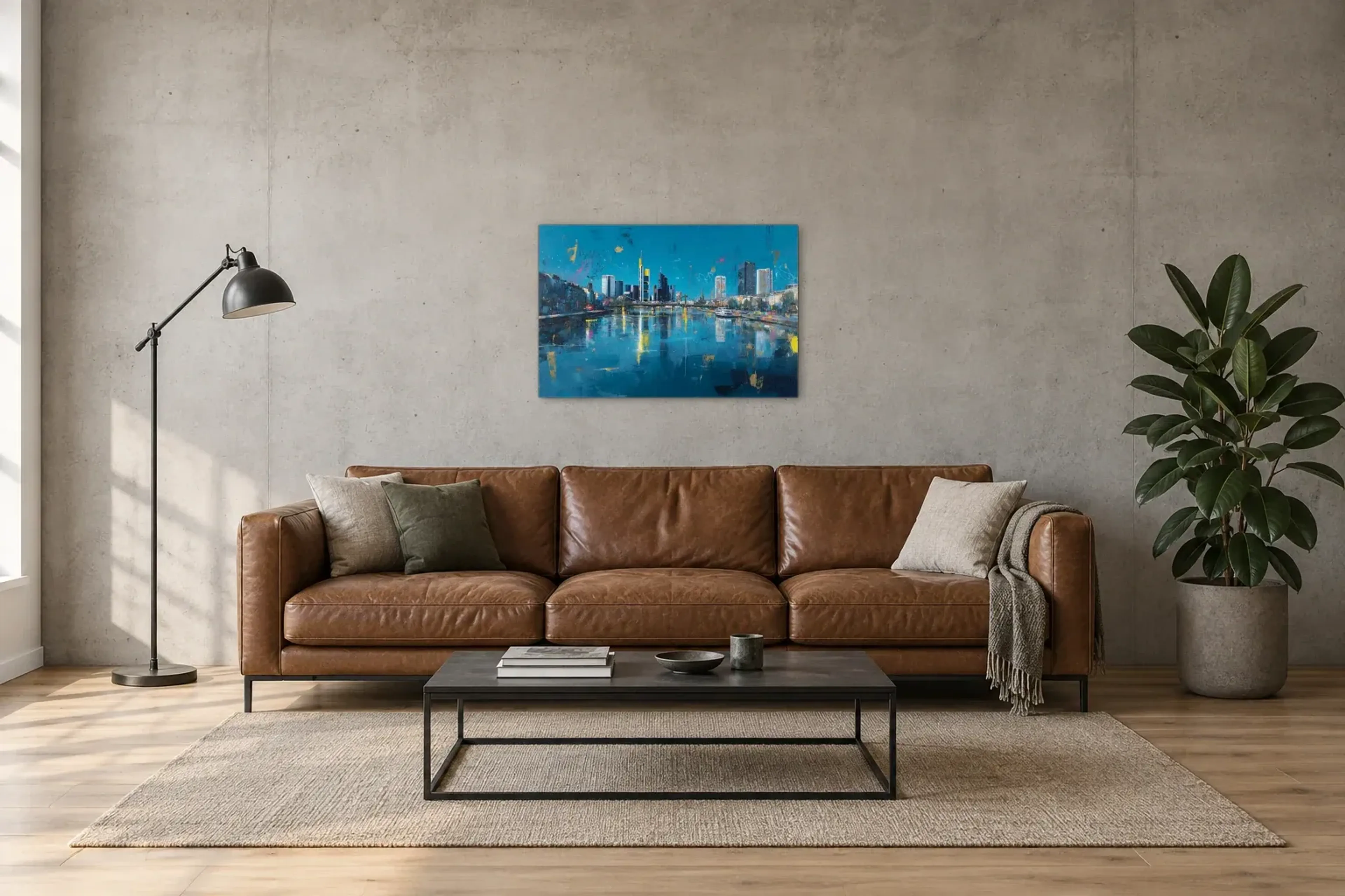 Frankfurt am blauen Main als Wandbild über einem 220-cm-Sofa