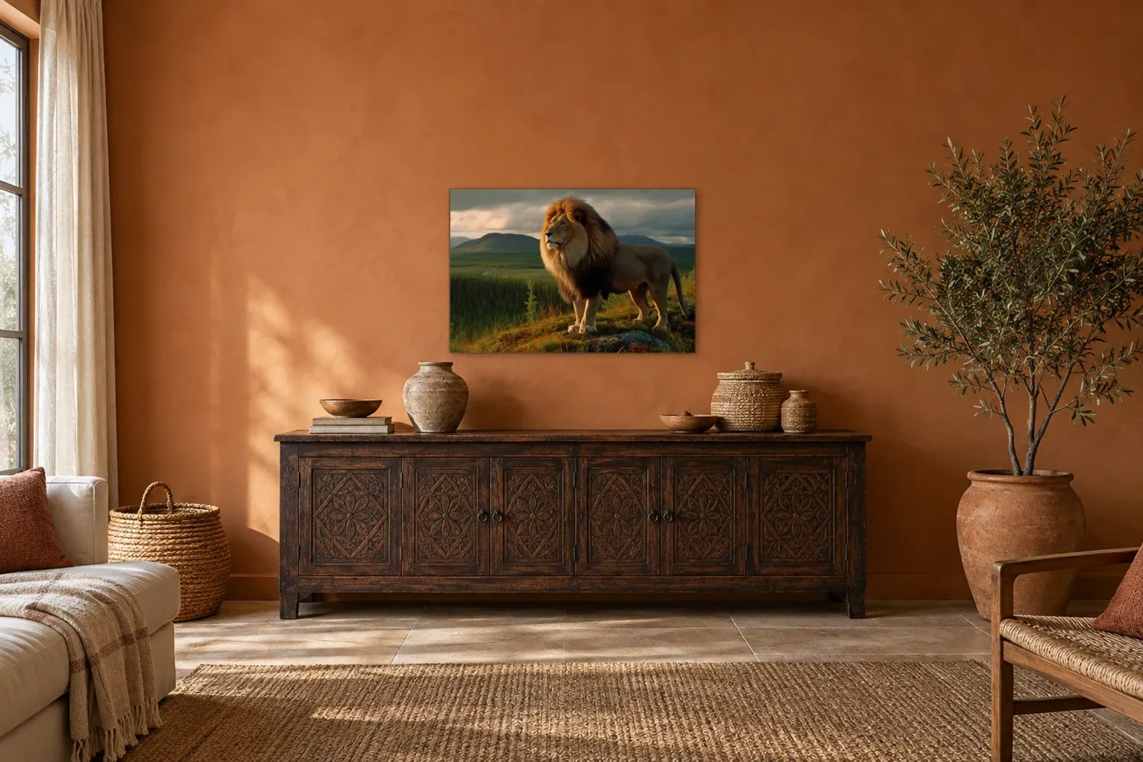 Löwe über dem Tal als Wandbild über einem 180-cm-Sideboard