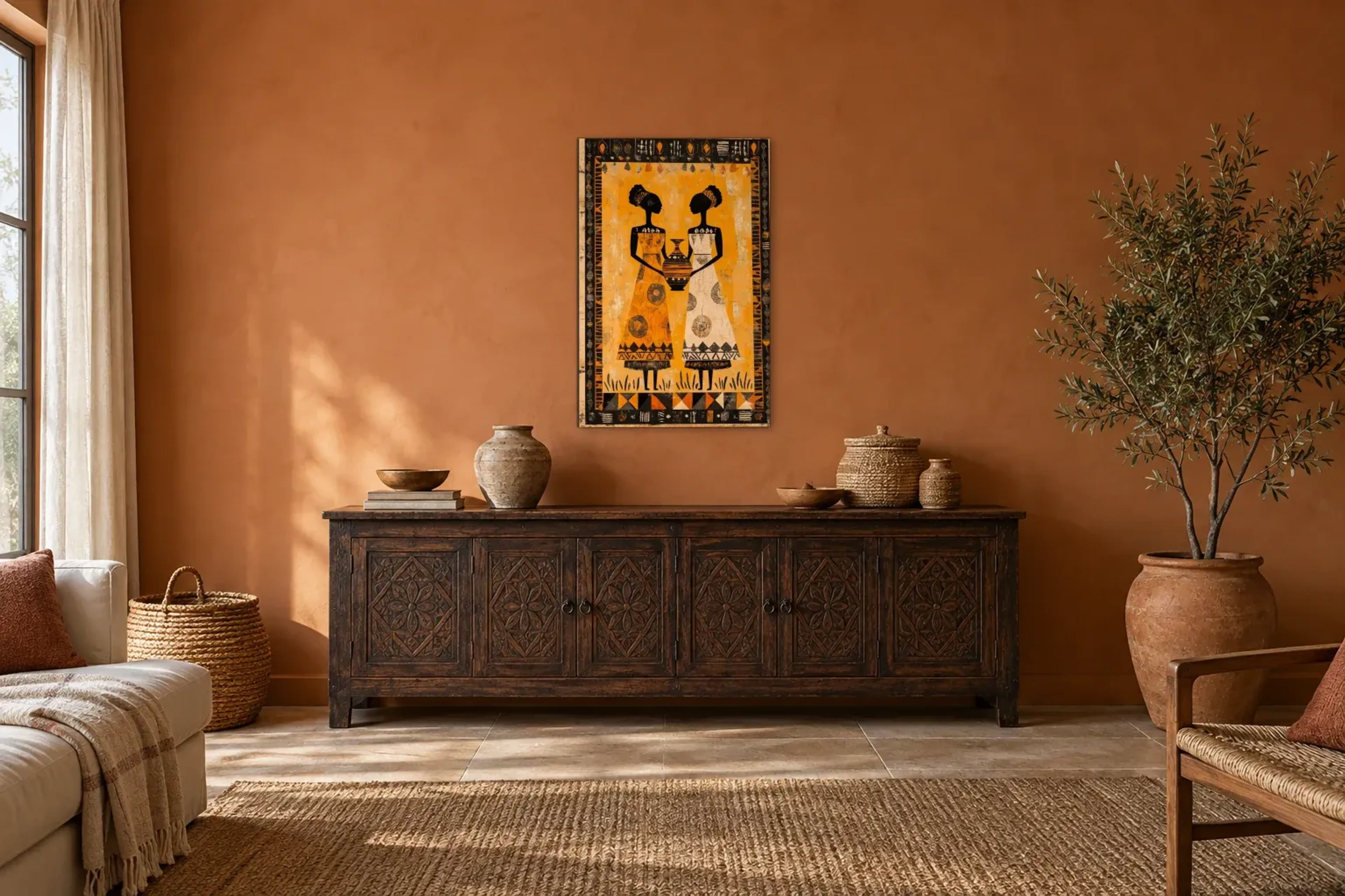 Frauen mit Gefäß als Wandbild über einem 180-cm-Sideboard
